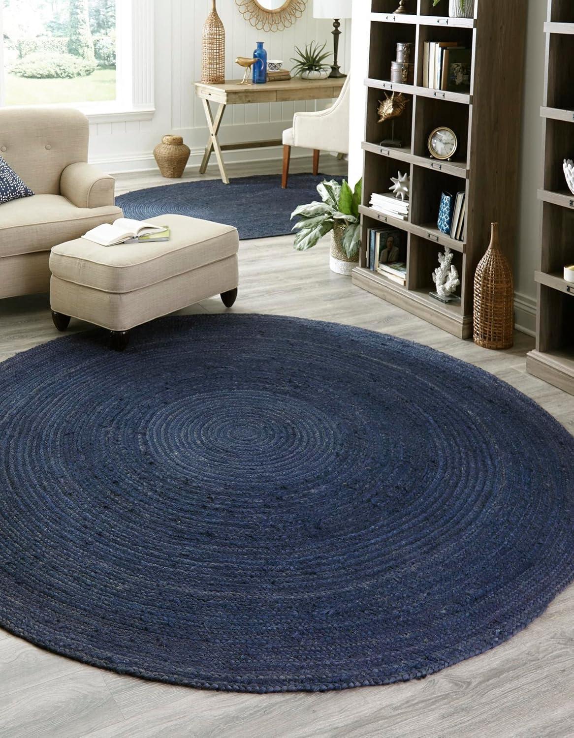 Unique Loom Dhaka Braided Jute Rug , 3' 3" x 3' 3" ,Navy Blue