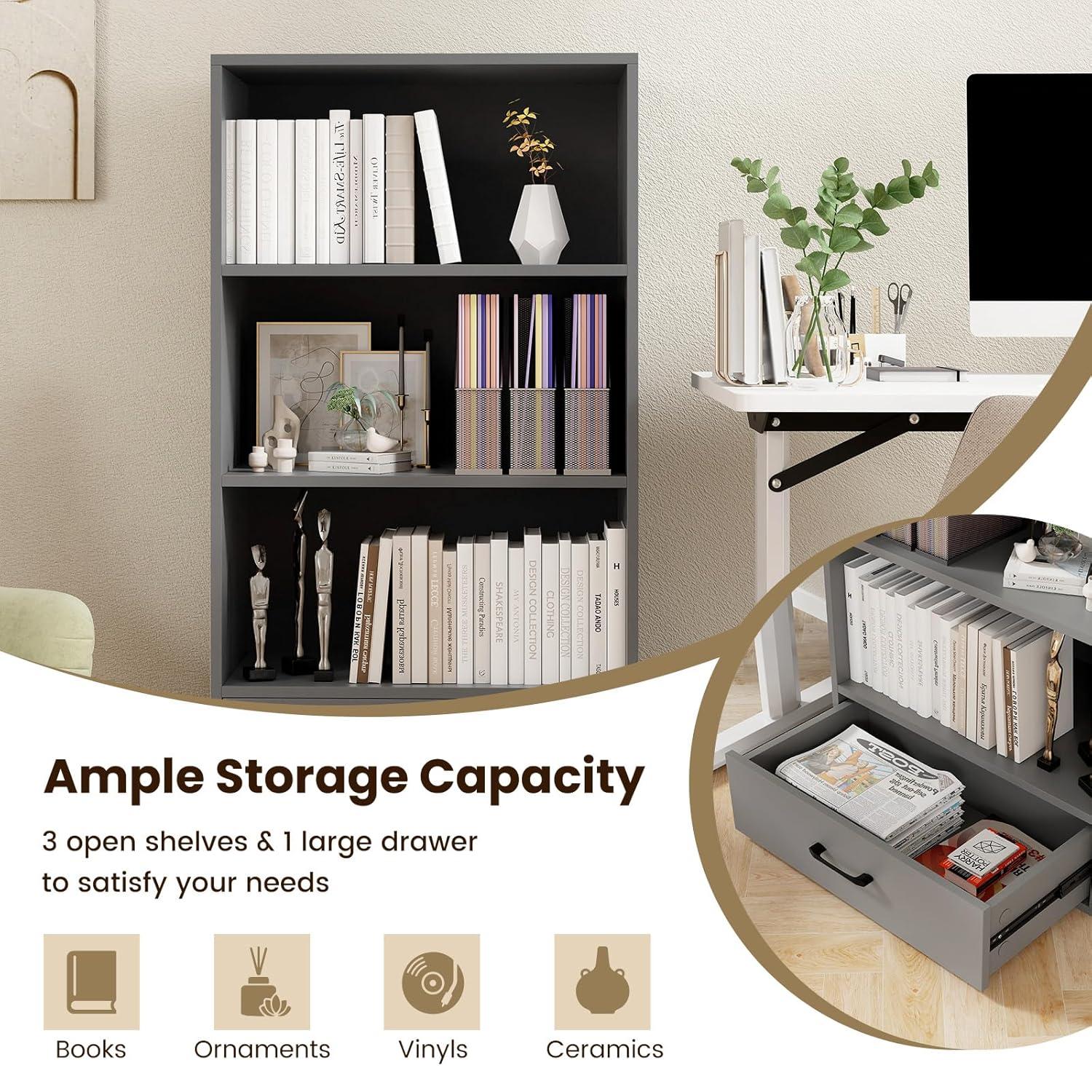 Resenkos Bookshelf,Shelf, Open Bookcase Book Shelf,Storage Shelf Unit Plant Stand,48 Inch Tall 4 Tiers Wood Bookcase with Drawer-Gray