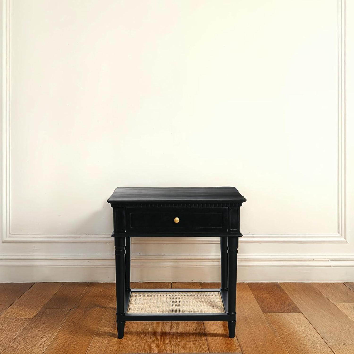Storied Home Maxwelton End Table Black: Elegant Square Nightstand with Storage Drawer & Cane Shelf