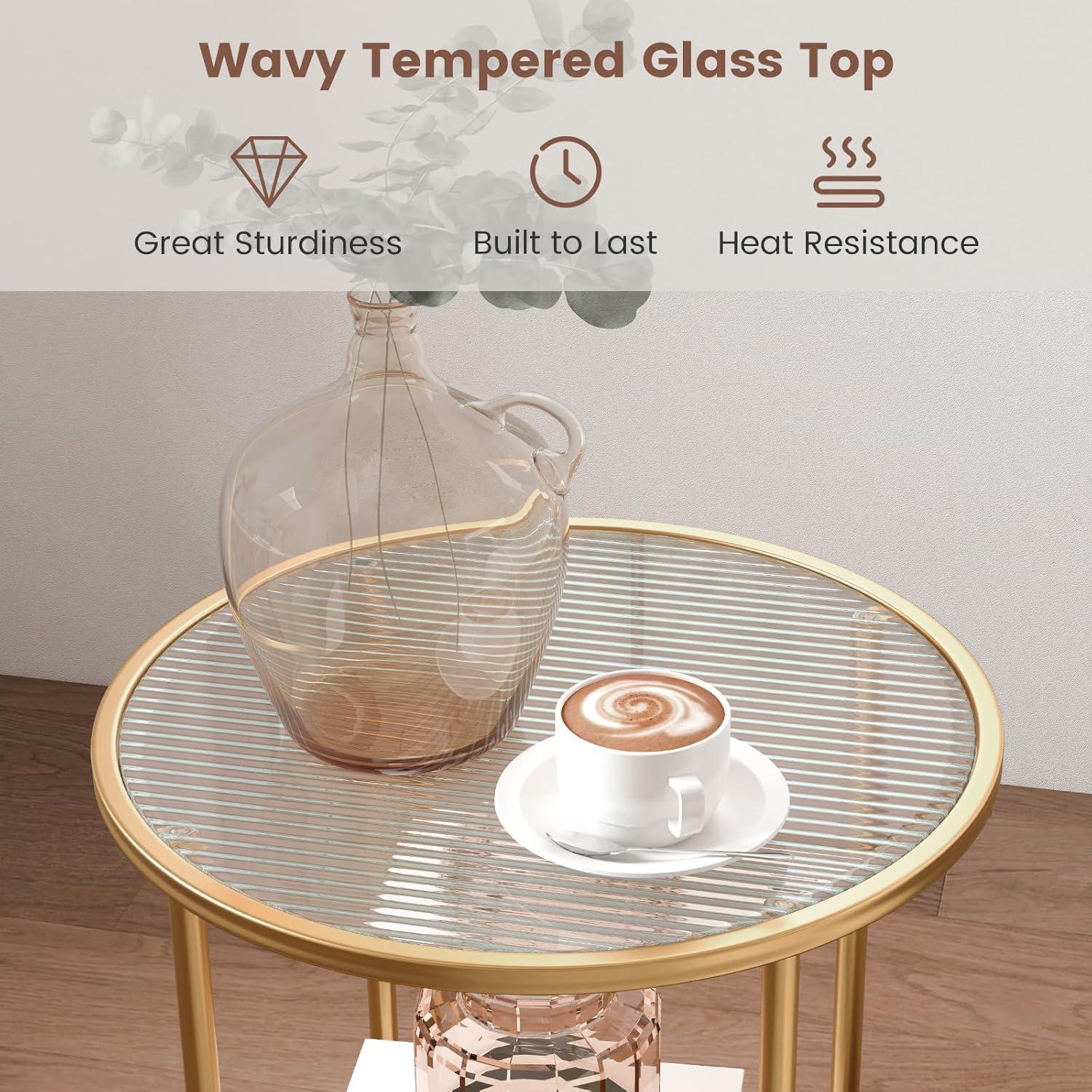 Kepooman End Tables,Side End Table,Nightstand,2-Tier Glass End Table Set of 2 with Faux Marble Storage Shelf-White