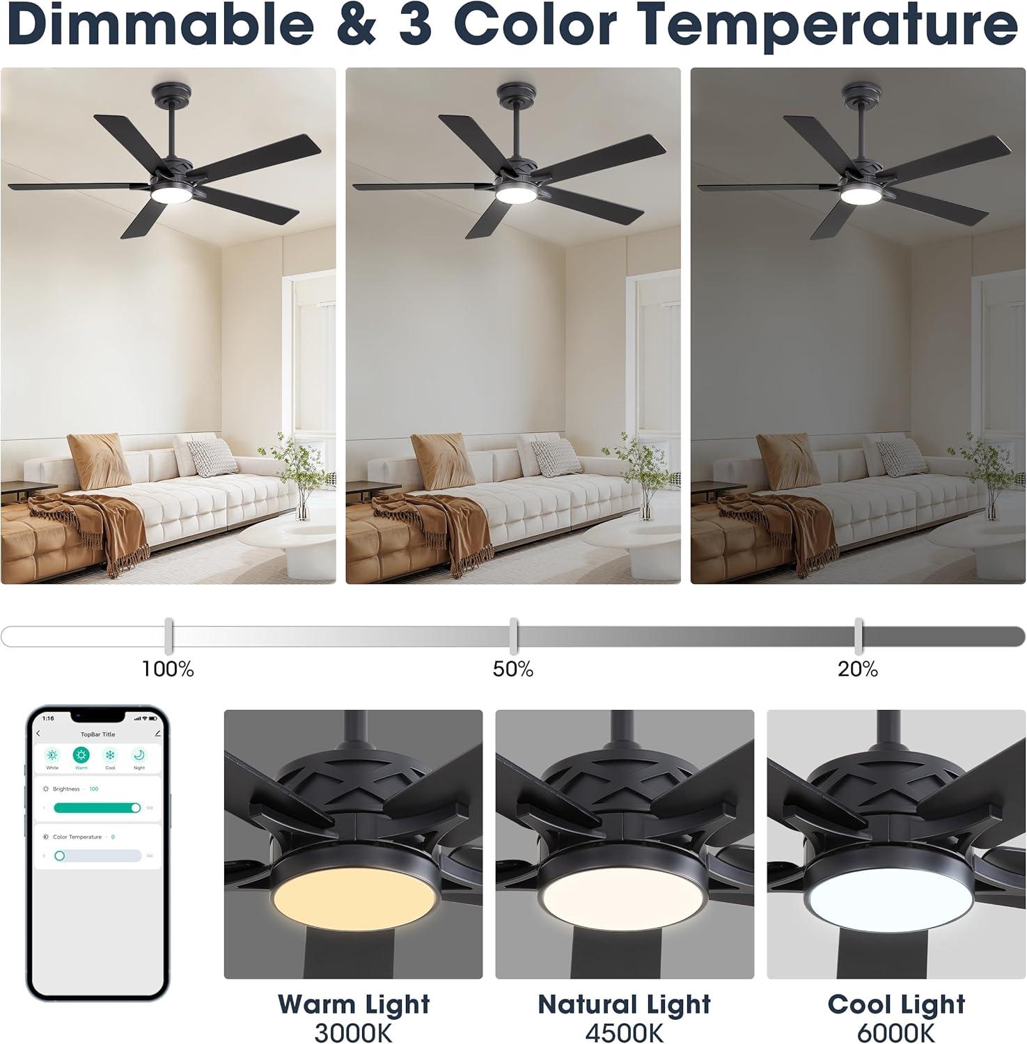 52" 5 Baldes Smart Wifi Ceiling Fan with Remote and Dimmable LED Light Dark Wood