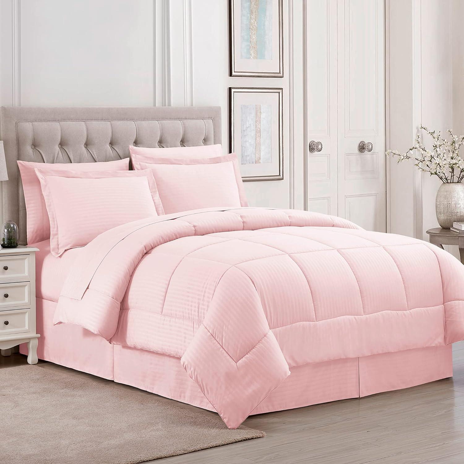 8 Piece Embossed Dobby Stripe Bed In A Bag Set - King, Pale Pink