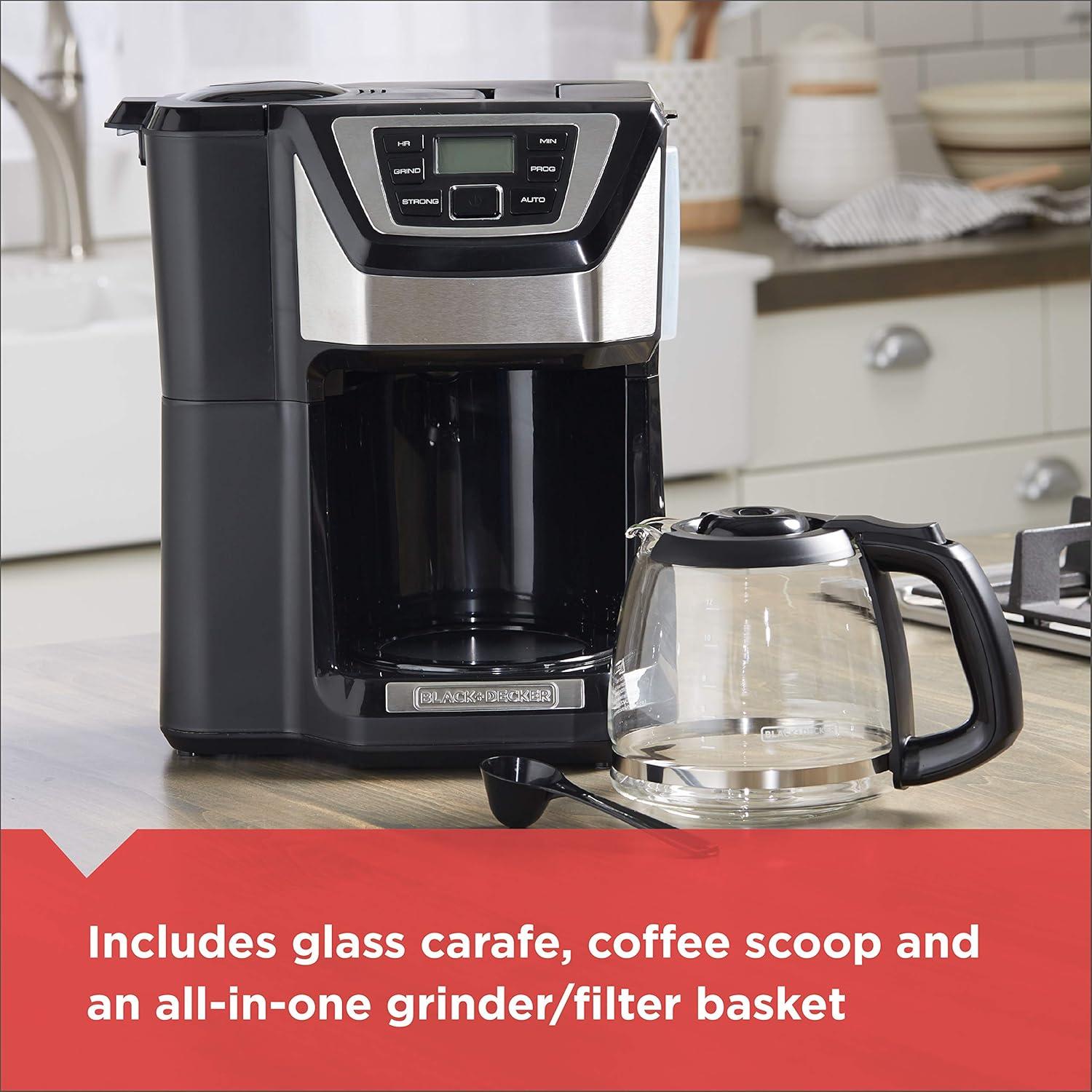 BLACK+DECKER 12-Cup Mill and Brew Coffee Maker, Automatic Grind and Brew Drip Coffee Machine, Programmable, Sneak-A-Cup, Reusable Filter