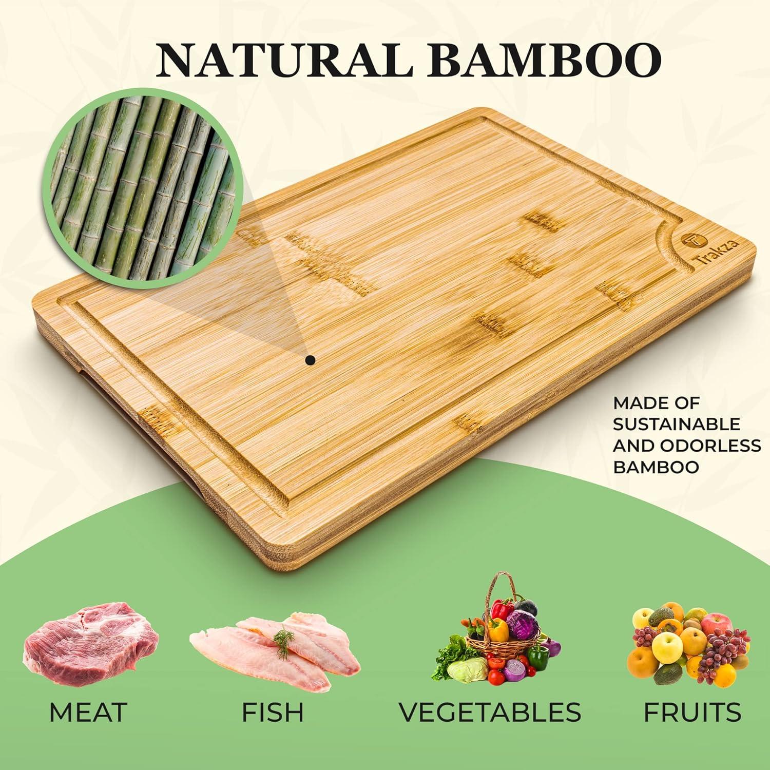 Bamboo Cutting Board Set of 3 with Side Trays - Wood Cutting Boards For Kitchen for Meat, Cheese, Fruits & Vegetables by Royal Craft Wood