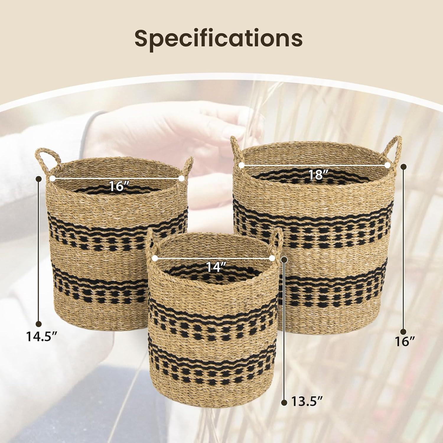 Spaco Seagrass Basket Set of 3 Stackable Storage Bins with Handles Woven Round Basket-M, Laundry Hamper for Bedroom, Bathroom, Dorm, Laundry Room