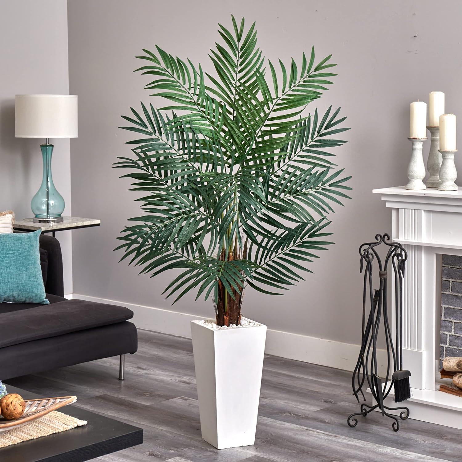 5.5ft Artificial Areca Palm Tree in White Tower Planter - Nearly Natural