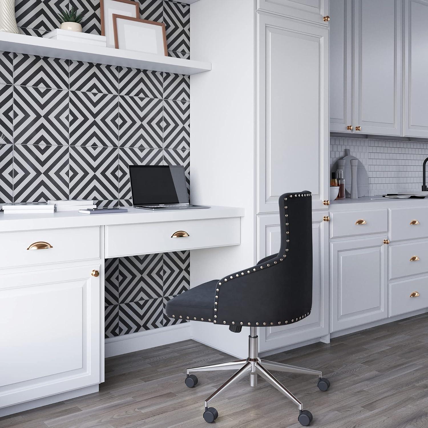 BELLEZE Belden Button-Tufted Upholstered Fabric Mid-Back Swivel Computer Desk Chair, Black & Gold