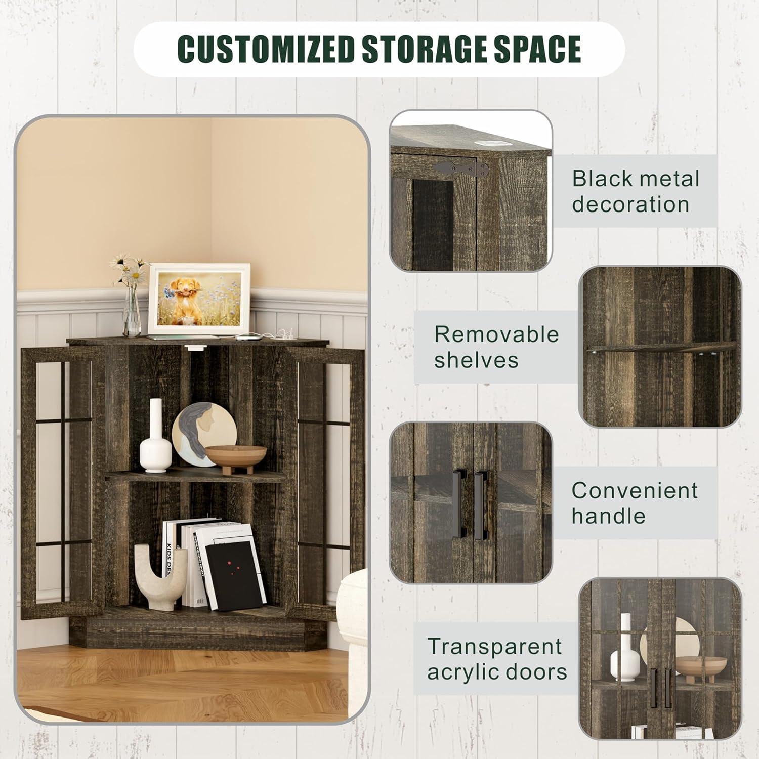 Farmhouse Corner Cabinet with LED Light, Small Bathroom Cabinet with 2 Doors, Free Standing Home Floor Corner Storage Cabinet for Laundry Room, Living Room or Kitchen, Rustic Brown