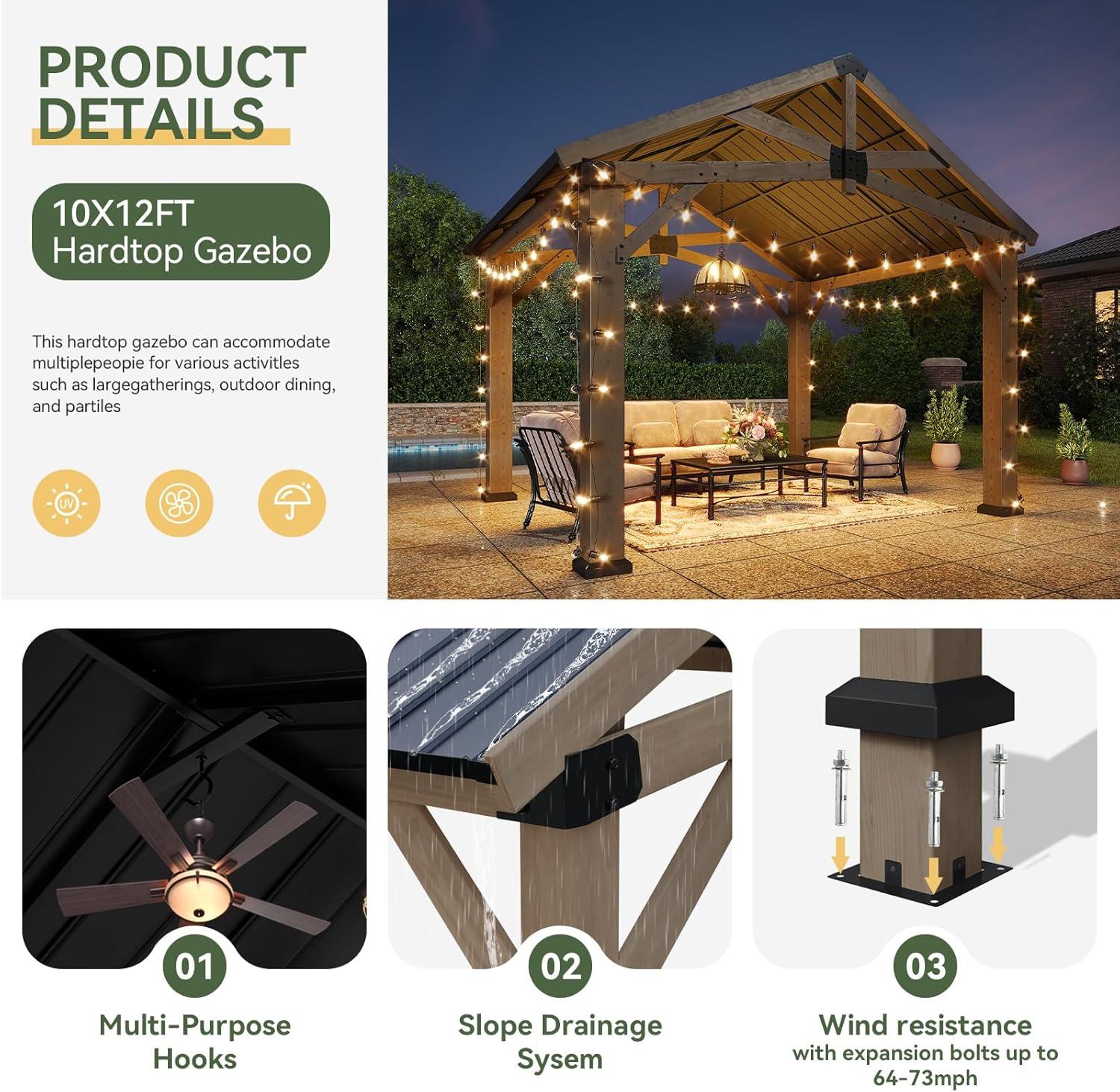 Aoxun 12' x 20' Outdoor Wood Gazebo, Hardtop Gazebo Permanent Wooden Pavilion with Galvanized Steel Gable Roof, for Patio, Garden, Deck, Cedar Wood