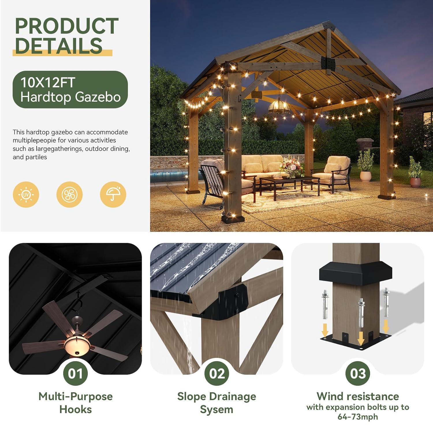 Aoxun 12' x 20' Outdoor Wood Gazebo, Hardtop Gazebo Permanent Wooden Pavilion with Galvanized Steel Gable Roof, for Patio, Garden, Deck, Cedar Wood