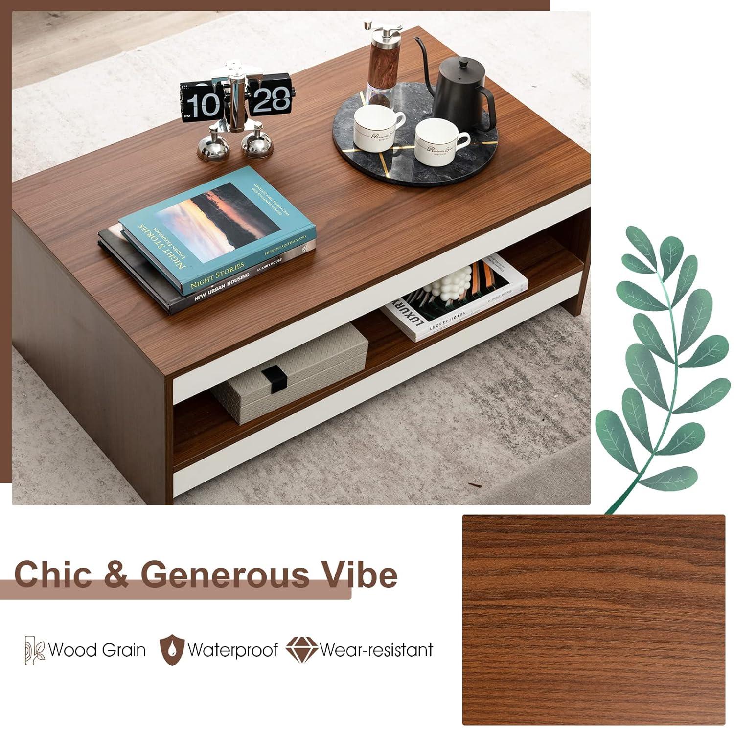 Tangkula Modern Coffee Table for Living Room, 2-Tier Rectangle Coffee Table with 37" Large Tabletop and Open Shelf, Wood Central Tea Table, Cocktail Table for Reception Office (Brown)