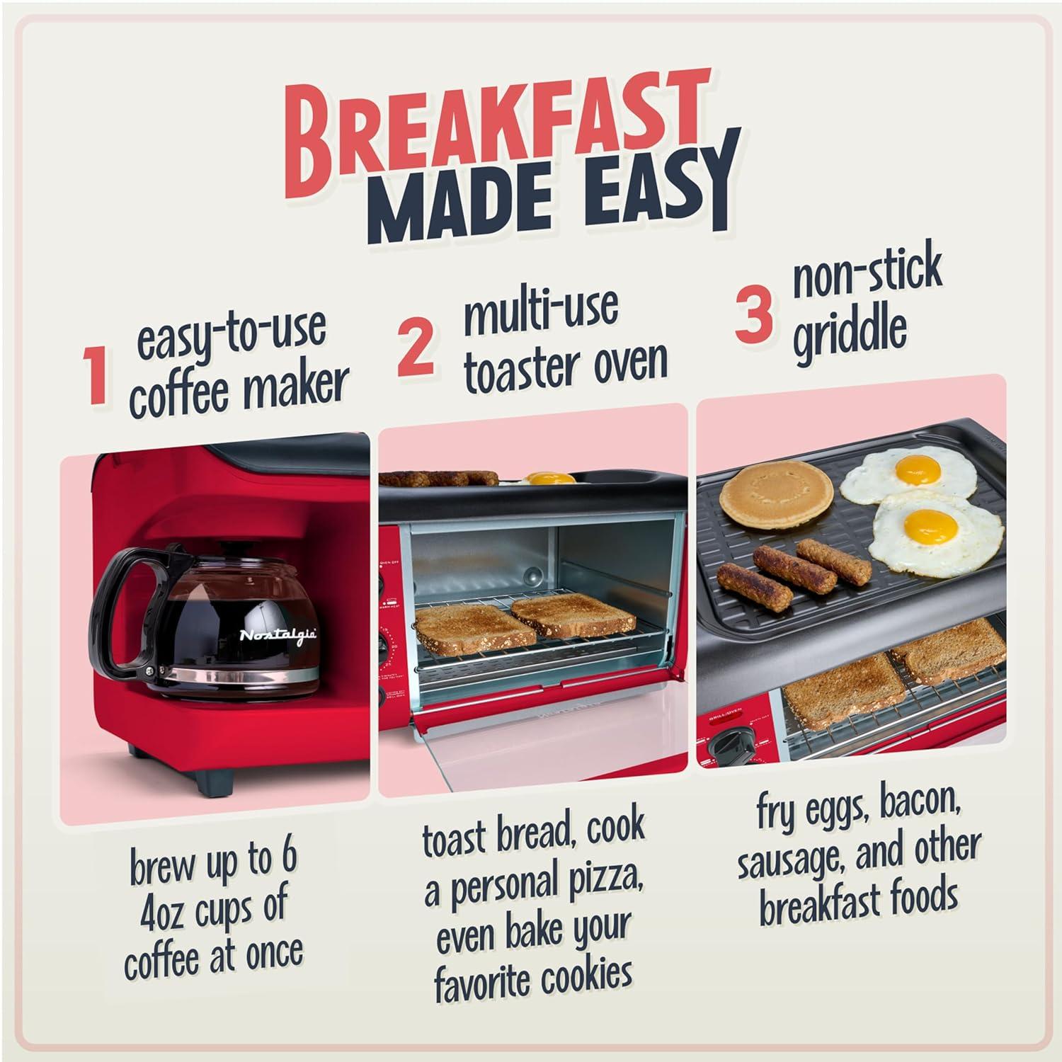 Nostalgia Nostalgia Retro 3-in-1 Family Size Electric Breakfast Station, Coffeemaker, Griddle, Toaster Oven, Aqua