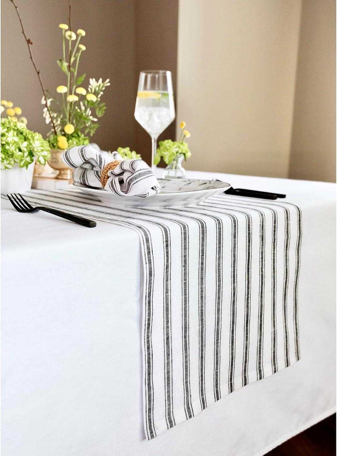 Solino Home Capri Ticking Stripe - 100% Pure Linen Table Runner