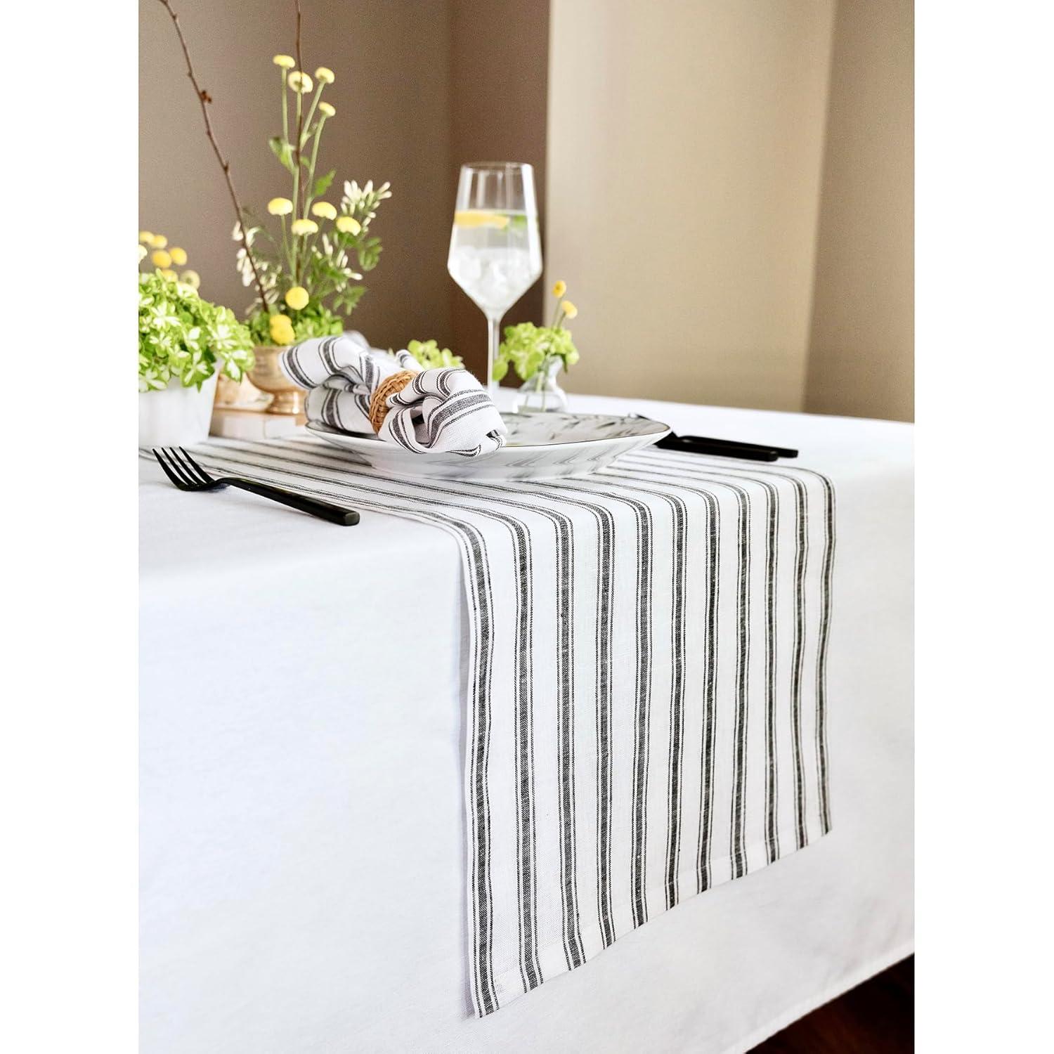 Solino Home Capri Ticking Stripe - 100% Pure Linen Table Runner