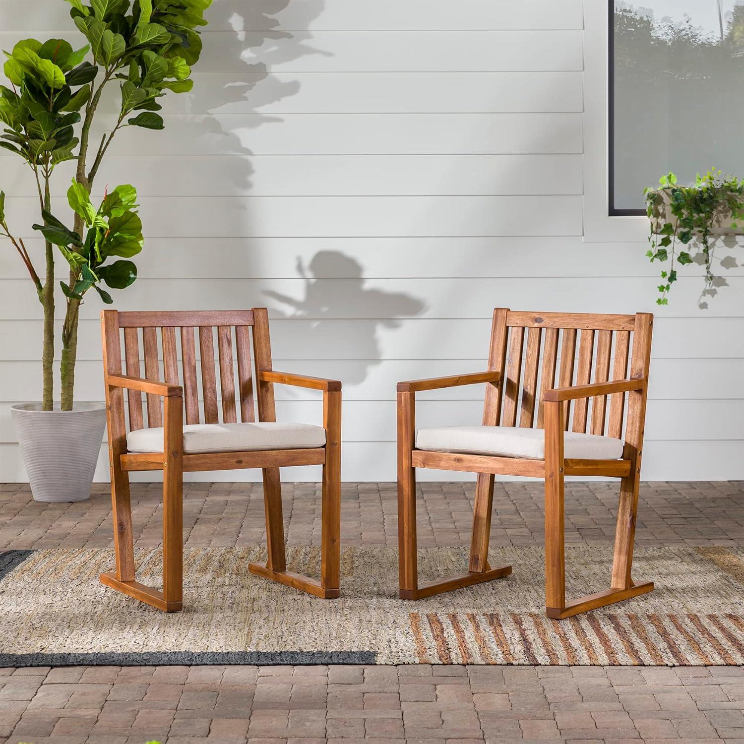 Brown Acacia Wood Slat-Back Outdoor Dining Chairs with Cushions, Set of 2