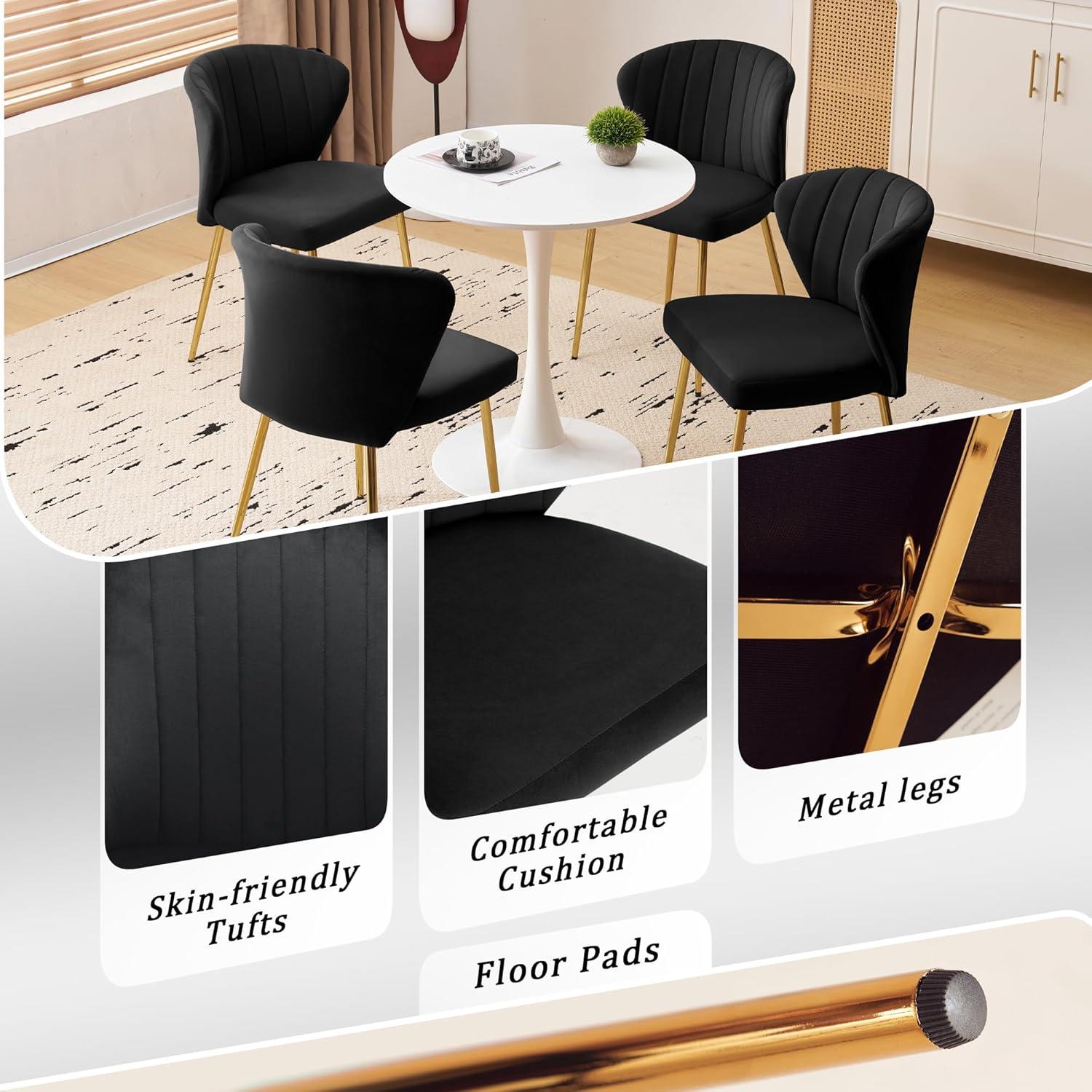 Velvet Dining Chairs Set of 2, Modern Upholstered Vanity Chairs with Golden Metal Legs for Dining Room Kitchen Vanity Patio (Black)