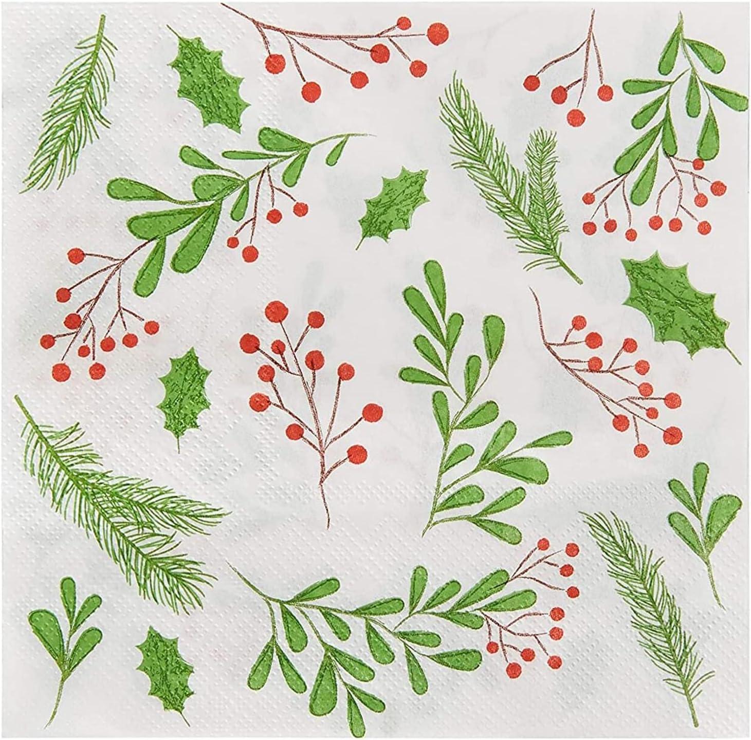 100-Pack Holly Berry Paper Napkins for Christmas Party, Holiday Decor, White (6.5x6.5 In)