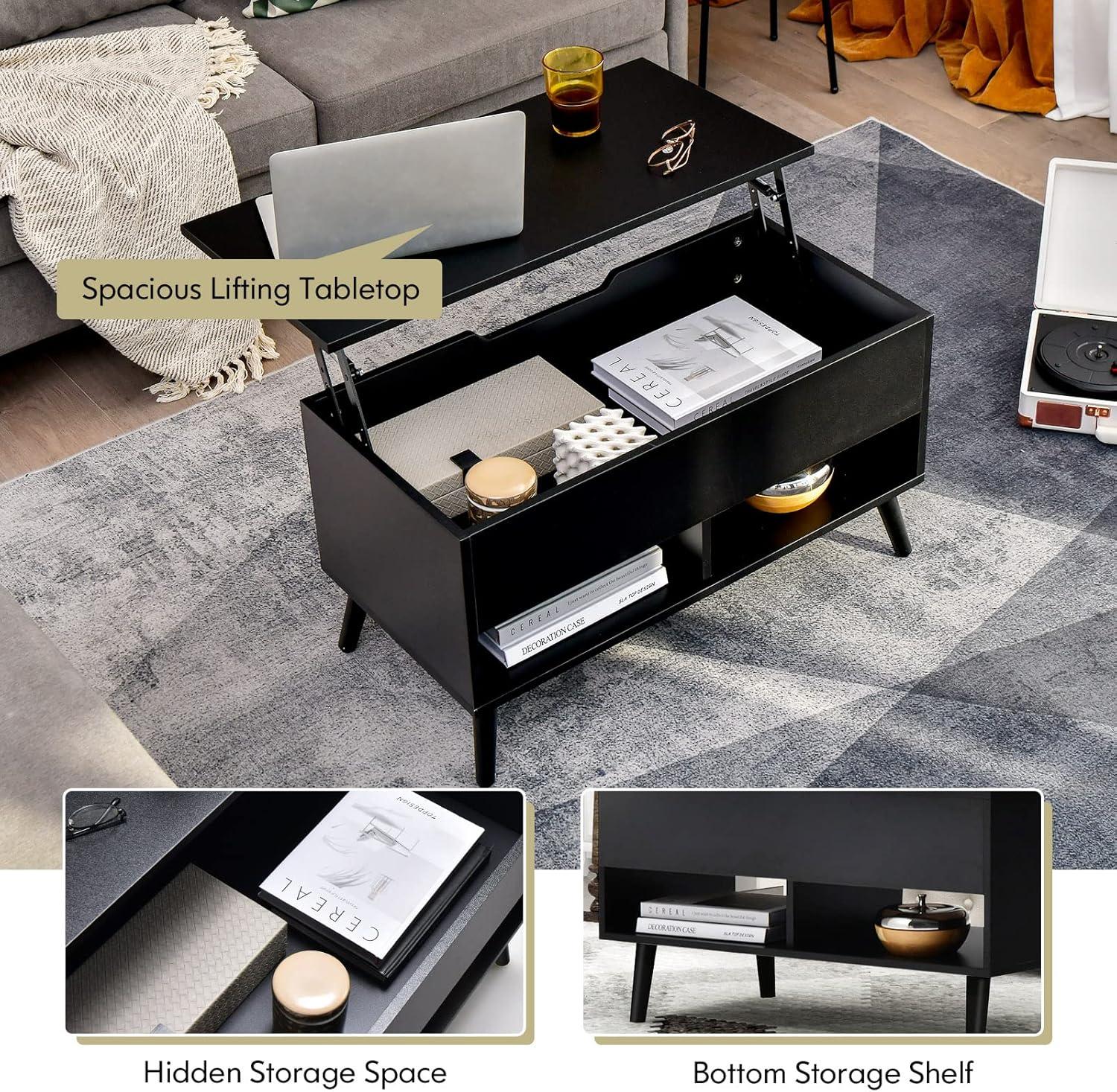 Costway 31.5''  Lift Top CoffeeTable ModernTable W/ Hidden Compartment&Wood Legs For Home Black