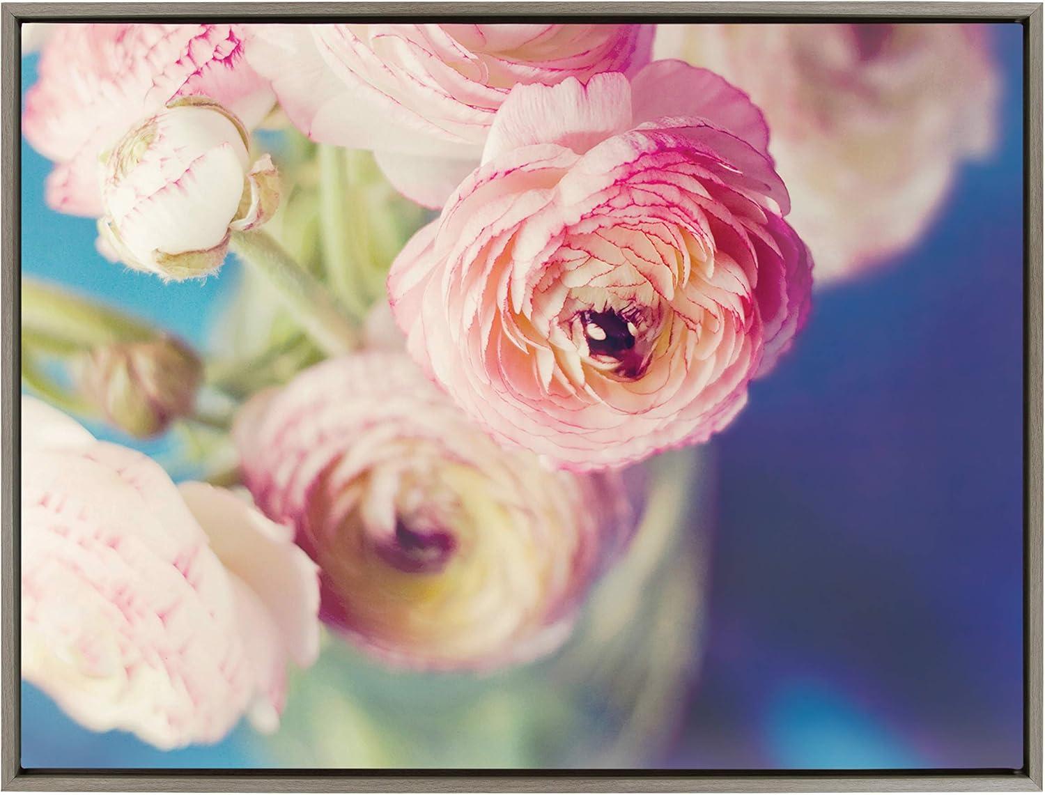 Large Pink and Blue Floral Canvas Print with Gray Frame