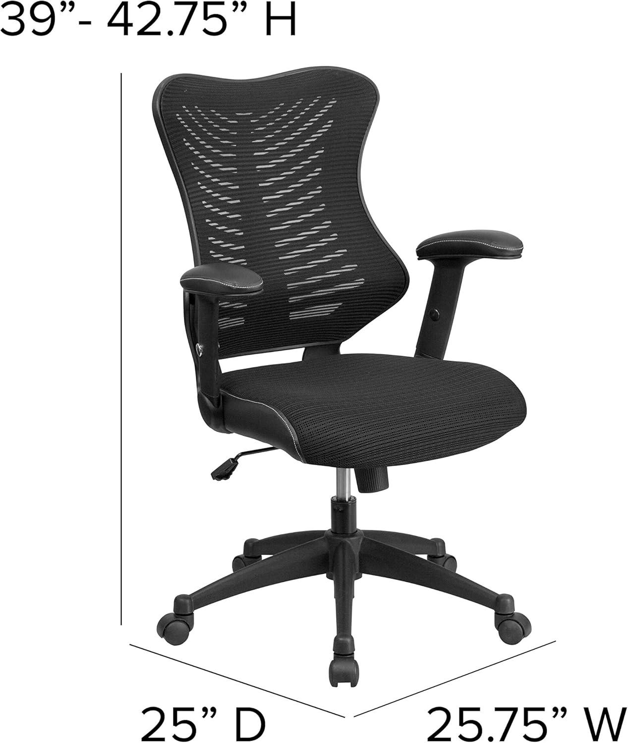 Contemporary High-Back Black Mesh & Leather Executive Office Chair with Adjustable Arms