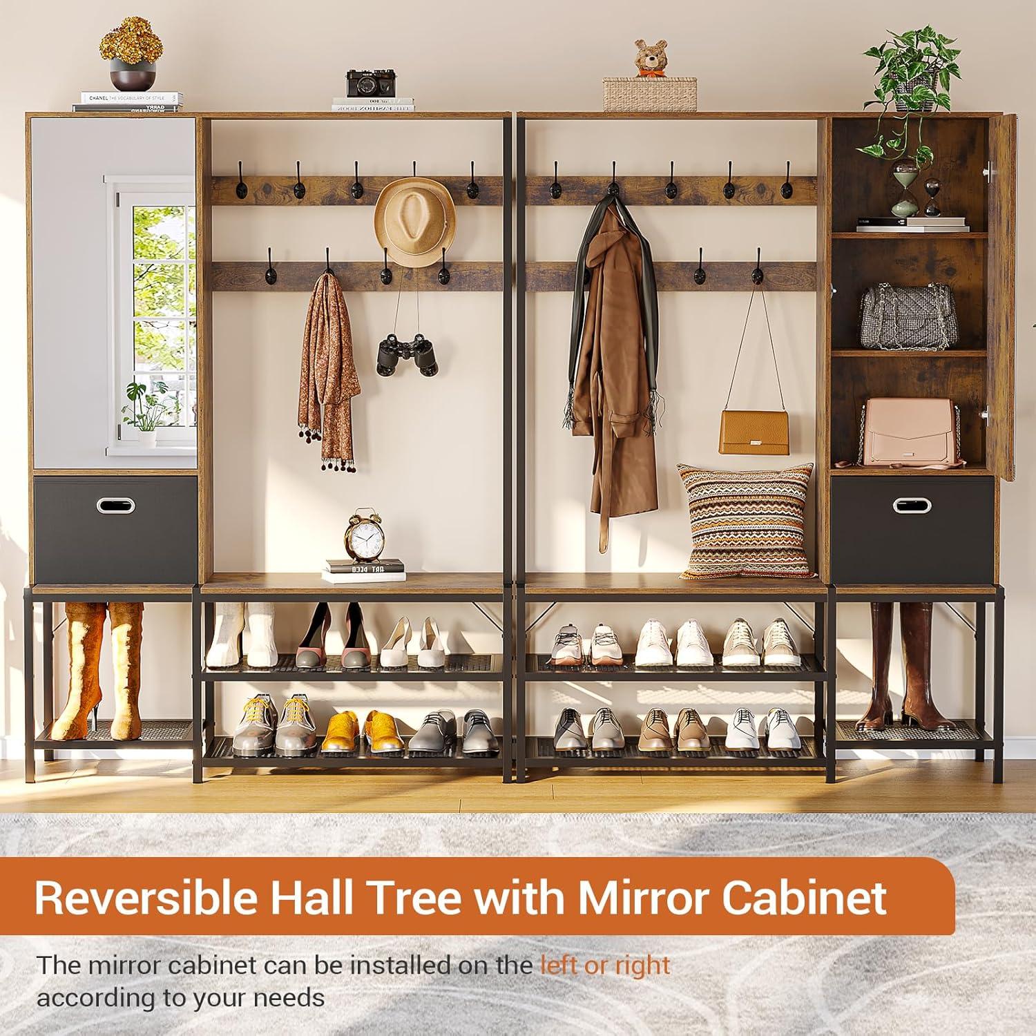 Rustic Brown Hall Tree with Mirror Cabinet and Shoe Storage