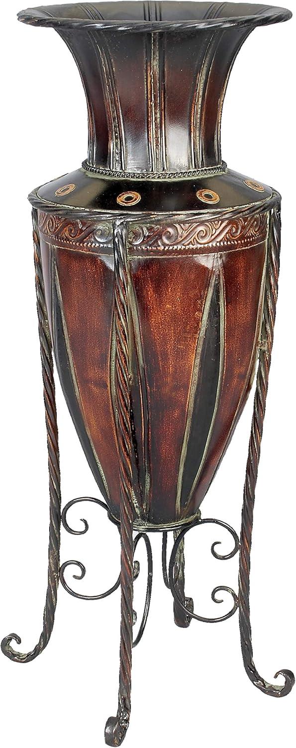 DecMode 27" Tall Brown Metal Vase with Attached Metal Stand and Intricate Design