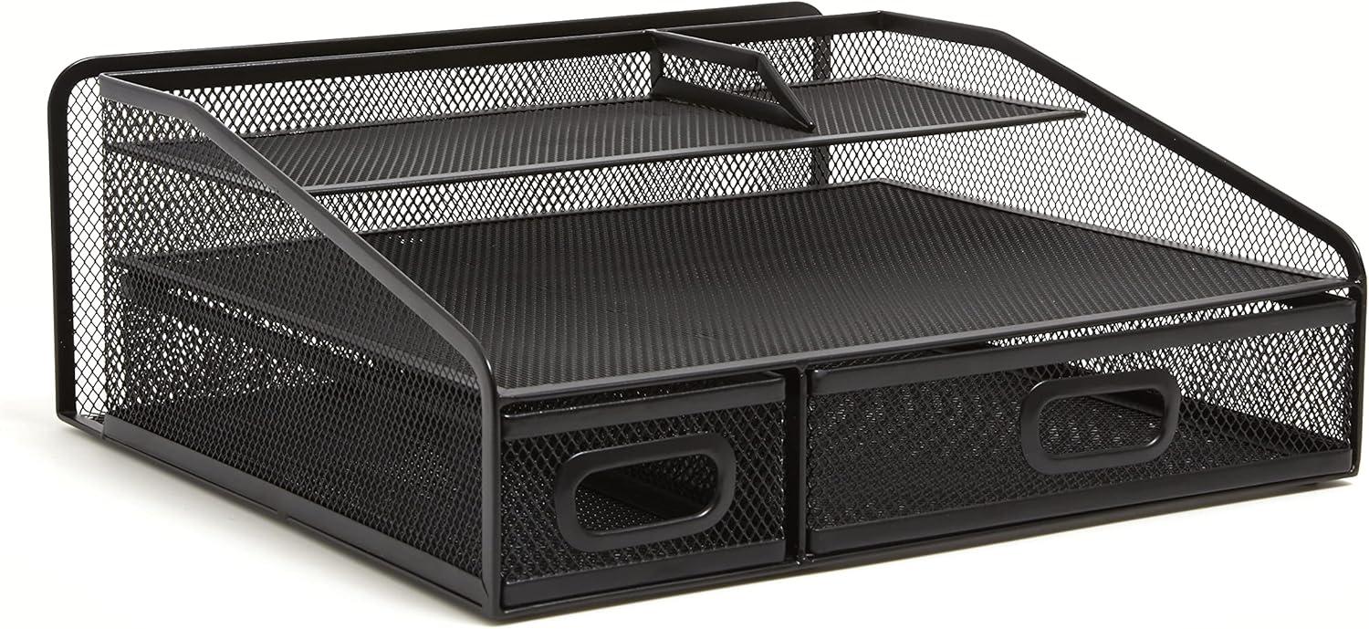 Matte Black Metal Mesh 6-Compartment Desk Organizer with Drawers