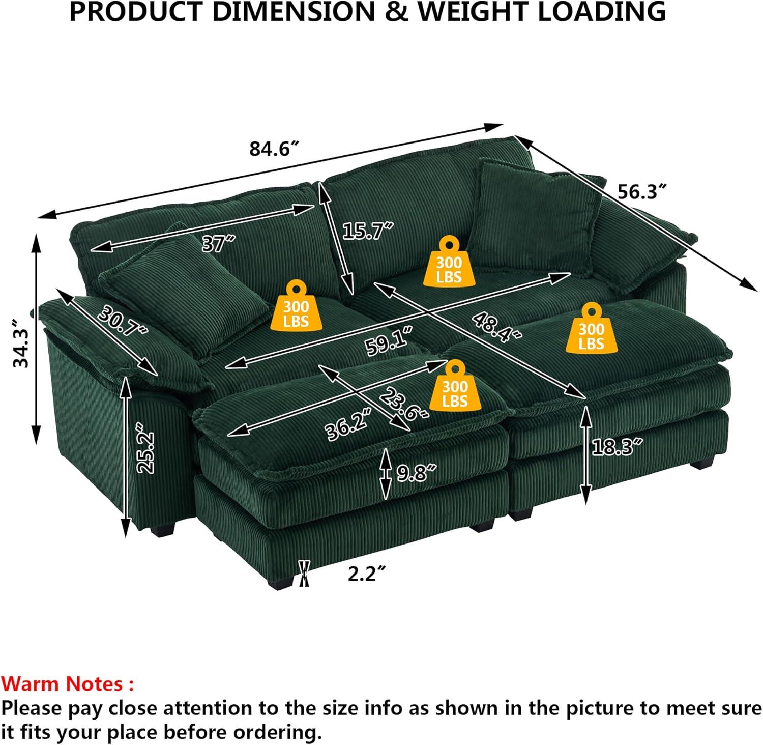 Green Corduroy Loveseat Sofa with Ottomans and Pillows