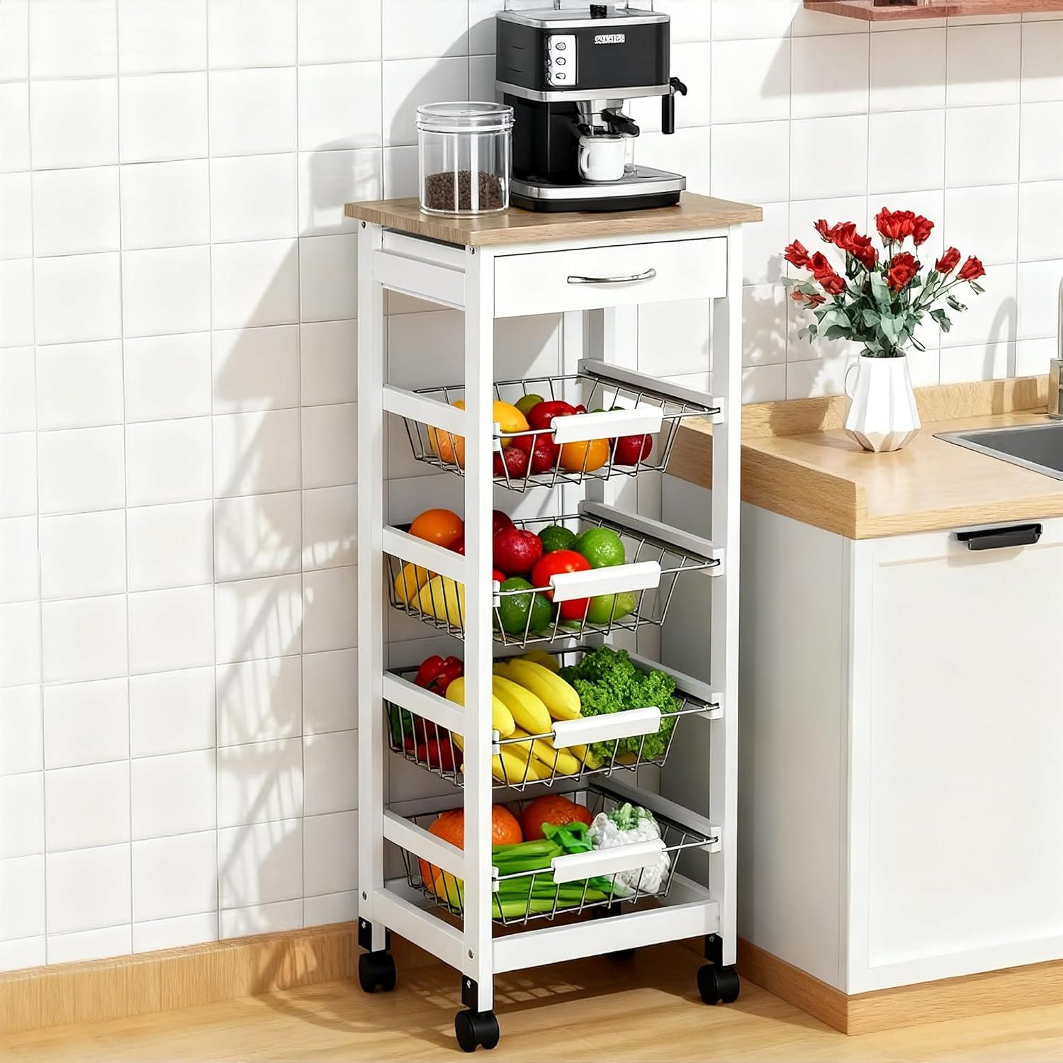 HOMCOM 32.25" Wooden Rolling Kitchen Storage Cart, Trolley Cart on 360° Swivel Wheels with Storage Drawer, Gray