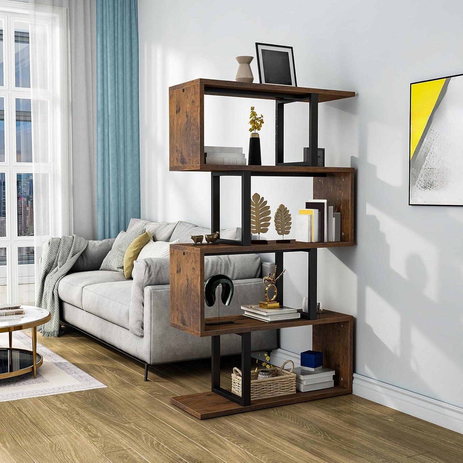 YITAHOME 5-Tier Bookshelf, S-Shaped Z-Shelf Bookshelves and Bookcase, Industrial Freestanding Multifunctional Decorative Storage Shelving for Living Room Home Office, Retro Brown