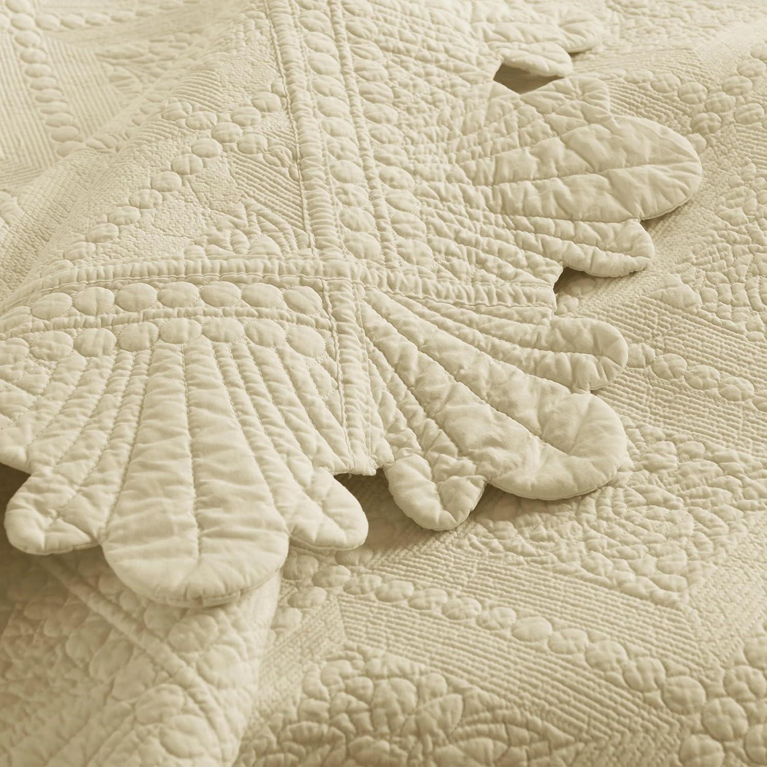 MarCielo 3-Piece 100% Cotton Oversized Bedspread Lightweight Quilt Coverlet Embroidery Farmhouse Bedding Set (Tk Beige Khaki, Oversized King (118"x106"))