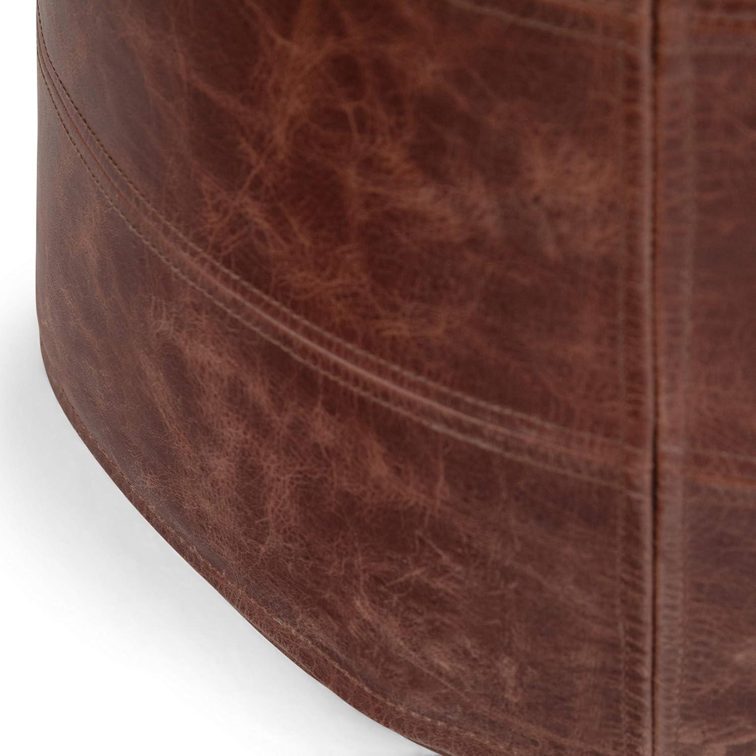 Connor Boho Round Pouf in Distressed Brown Genuine Leather