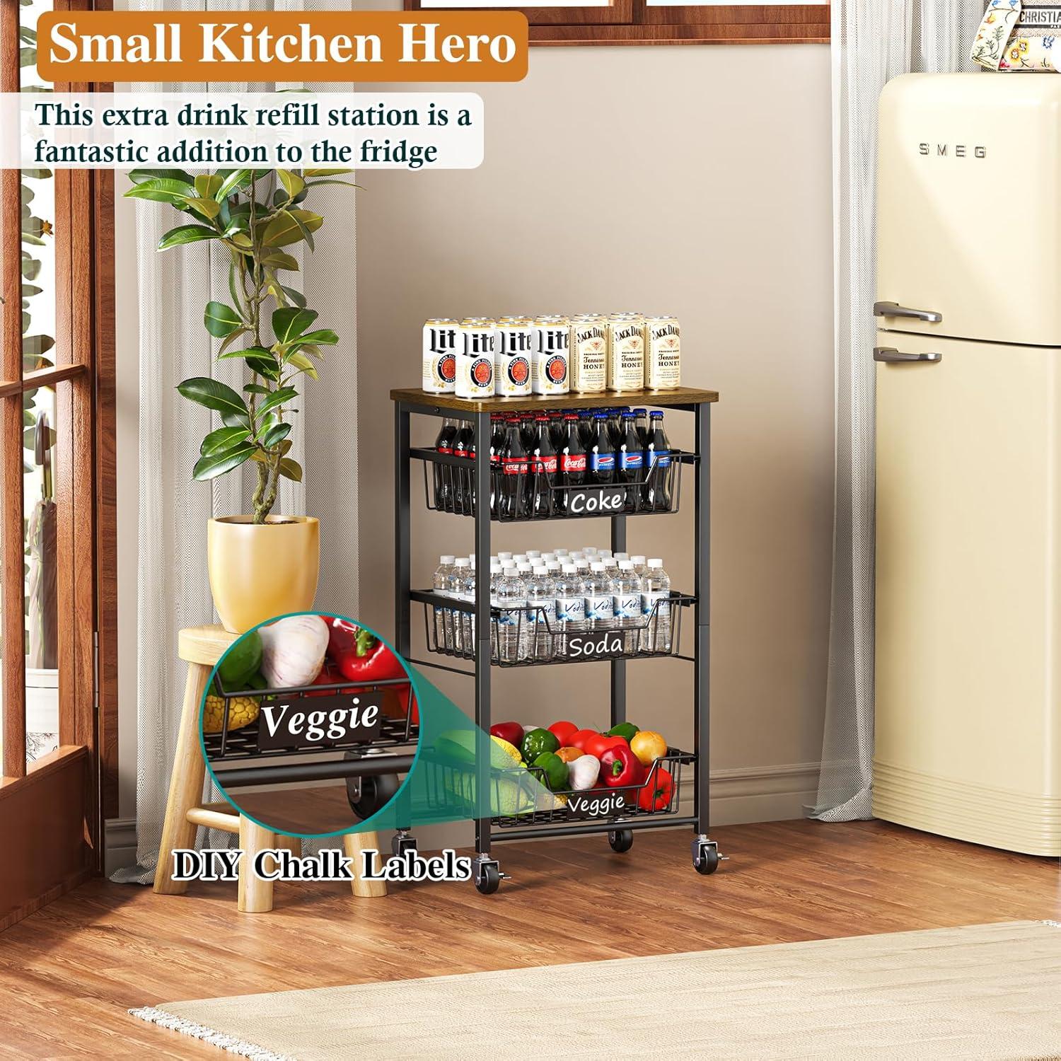 Small Kitchen Storage Cart On Wheels, Metal Fruit Basket Stand With Pull-Out Baskets & Wood Top For Potato Onion Produce Snack Veggies,(4-Tier /Black+ Rustic Board)