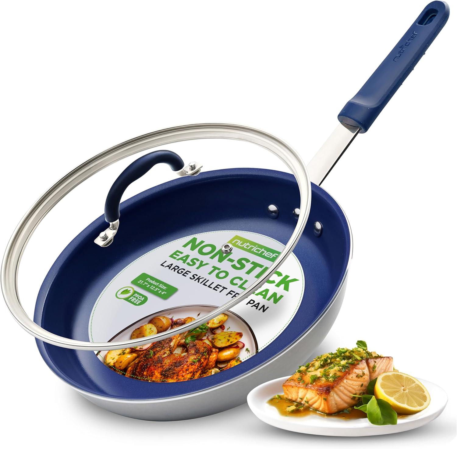 NutriChef 12" Blue Nonstick Aluminum Fry Pan with Lid