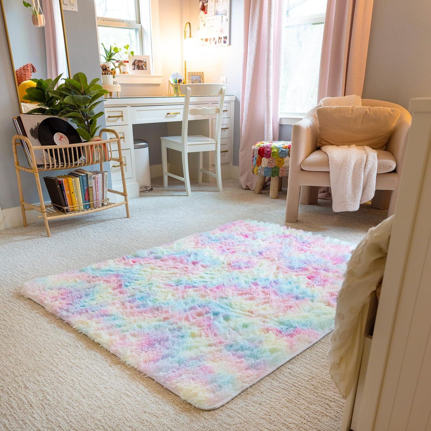 Ophanie Upgrade 4x6 Light Rainbow Rugs for Bedroom, Fluffy Soft Area Rug, Shaggy Non-Slip Indoor Floor Carpet for Living Room, Kids Baby Boys Teen Dorm Home Decor Aesthetic, Nursery