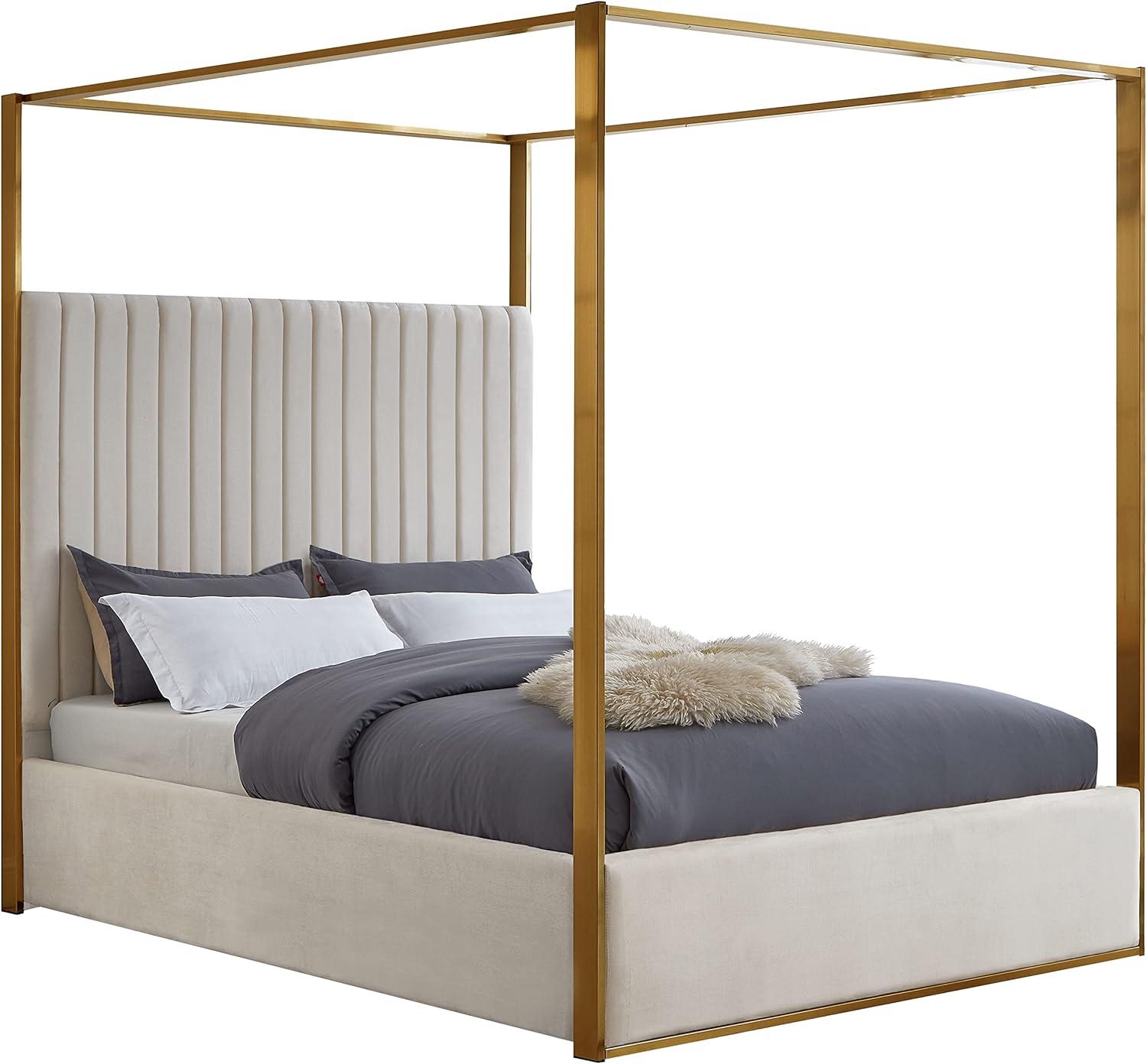 Regal Cream Velvet Queen Canopy Bed with Brushed Brass Frame