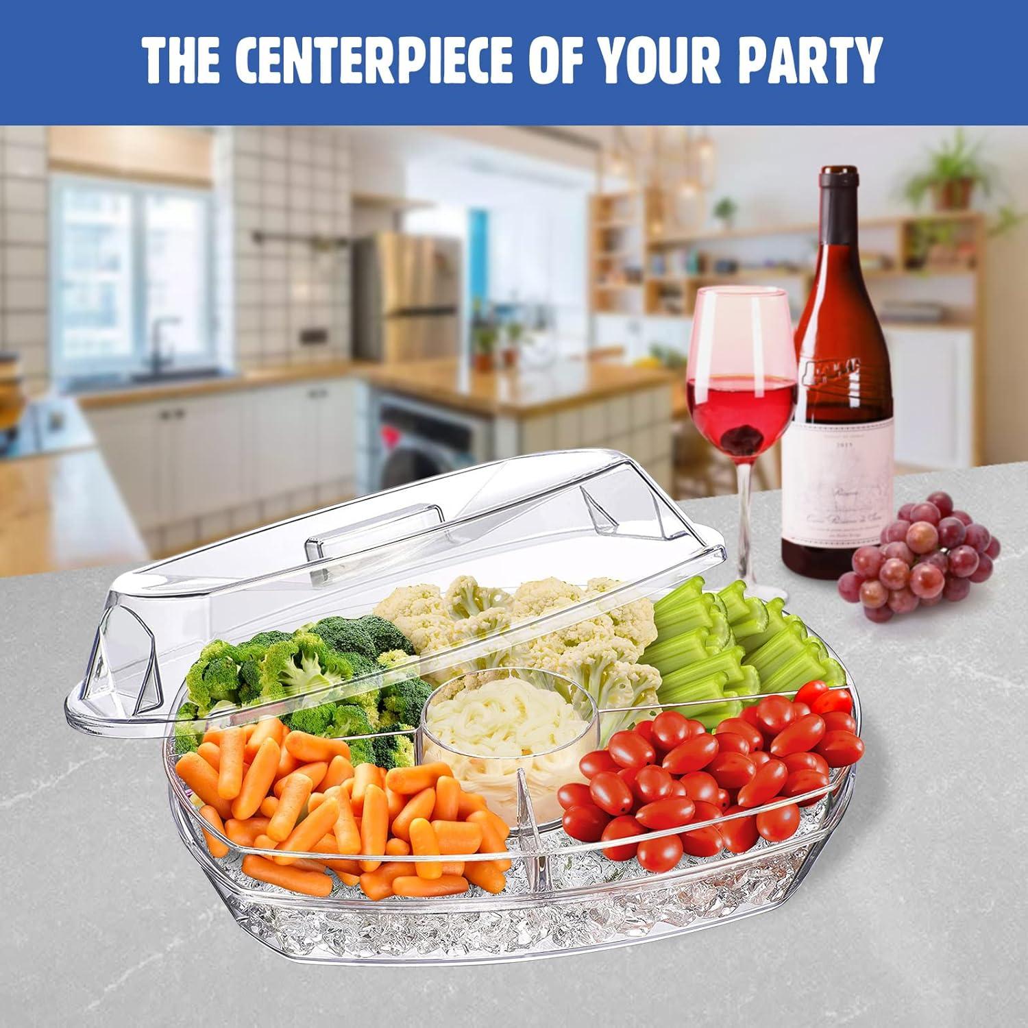 Chilled Veggie Tray, 15 Inch Clear Party Platter with 4 Compartments