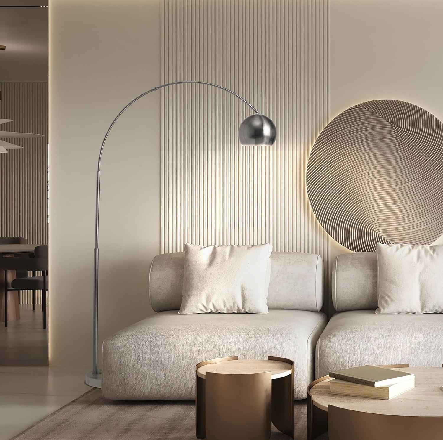 Brightech Olivia 75" Modern Industrial LED Arc Floor Lamp with Silver Chrome Finish, White Marble Base, and Metal Bowl Shade, Bulb Included