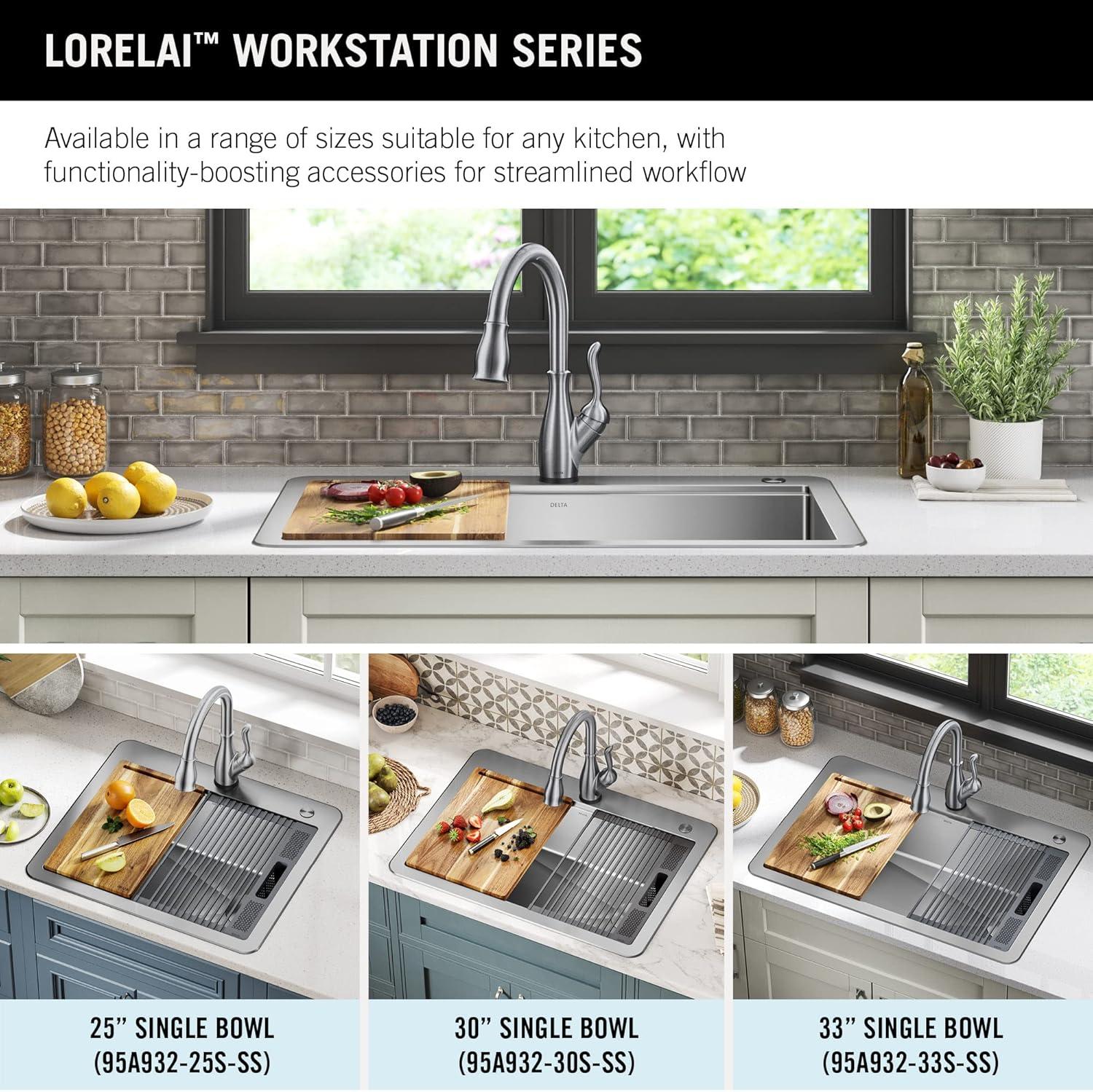 Delta Lorelai™ 33" L Workstation Kitchen Sink Drop-In Top Mount 16 Gauge Stainless Steel Single Bowl