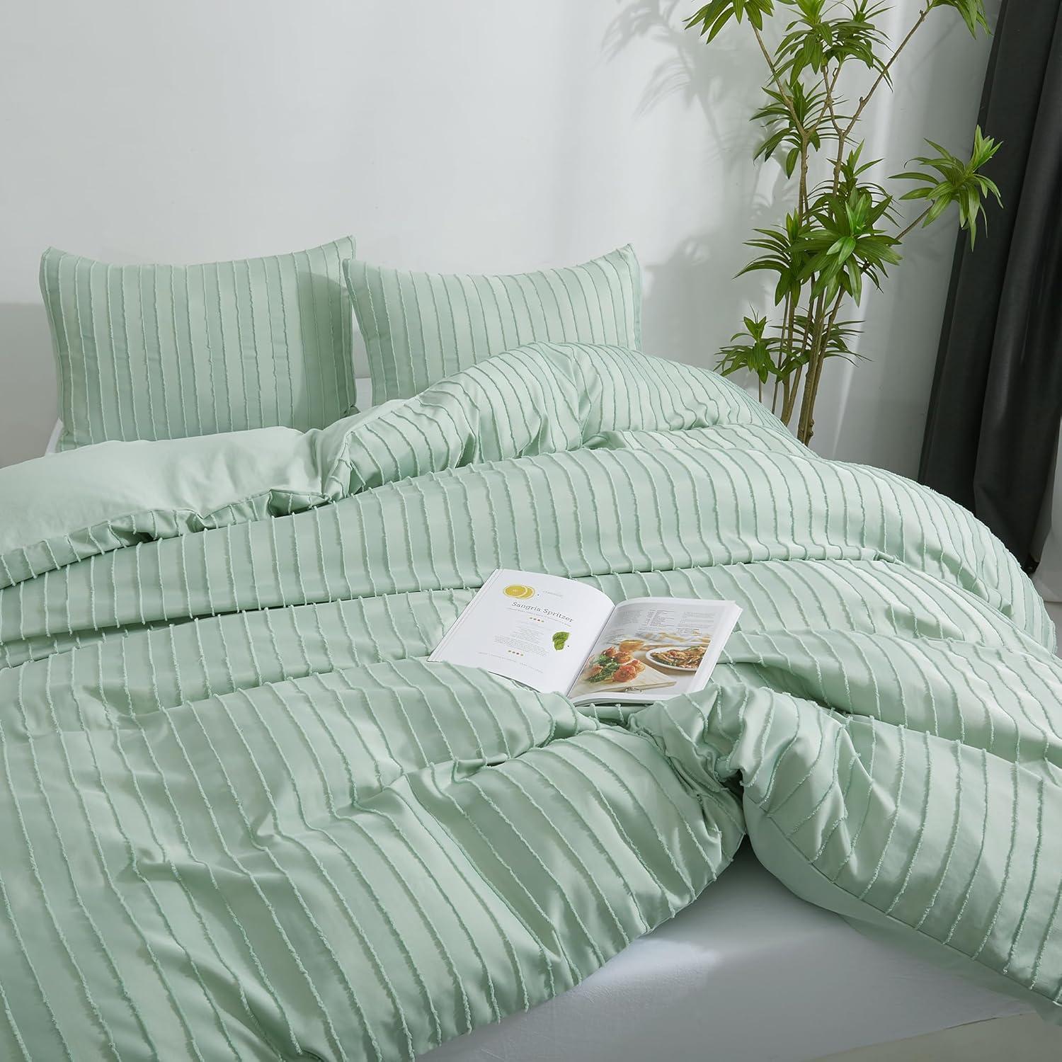 Sage Green Striped Textured Queen Duvet Cover Set