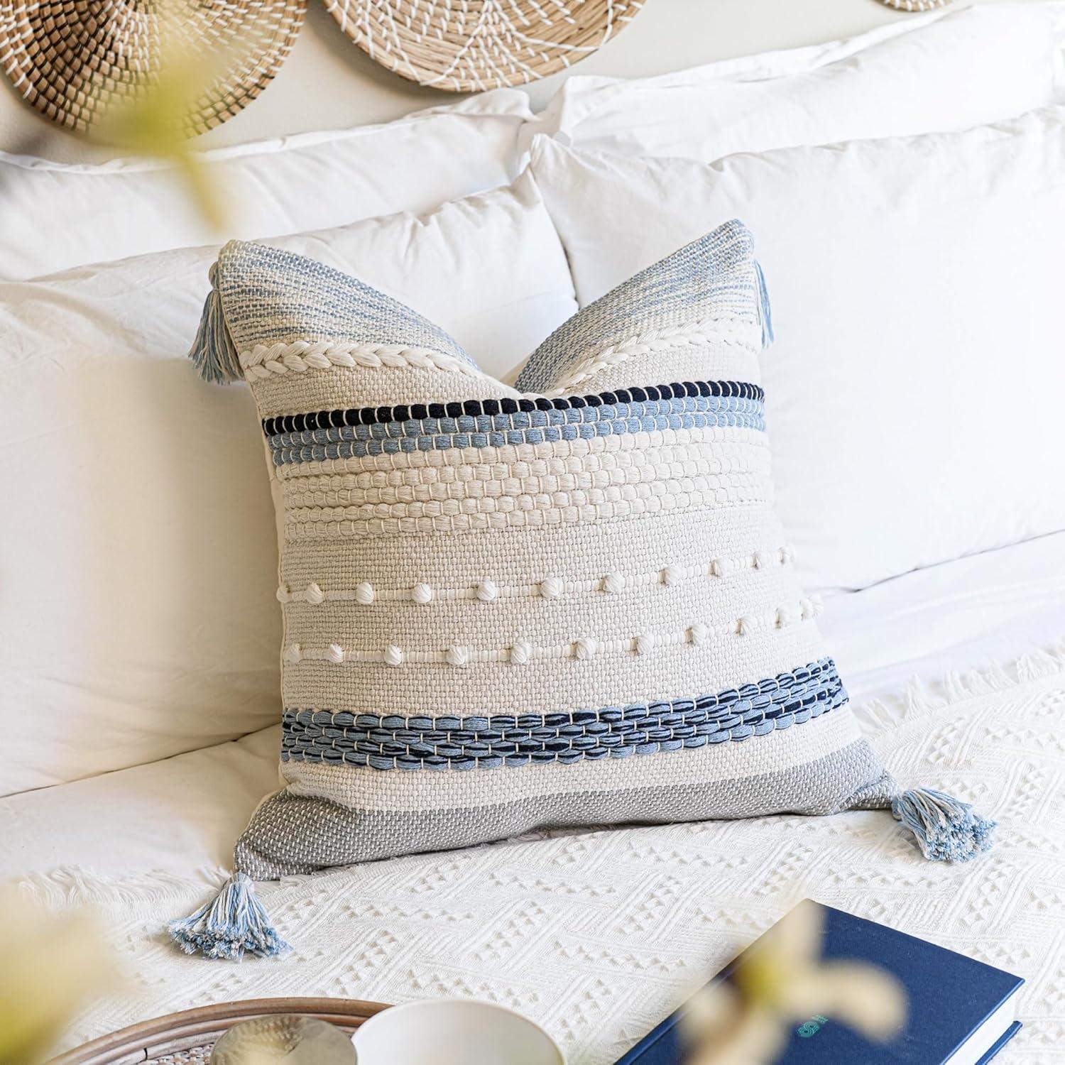 Coastal Blue Boho Decorative Throw Pillow Cover 20x20 Modern Bohemian Accent Pillow Case Square Woven Textured Farmhouse Pillows for Couch Bed (Pack of 1)