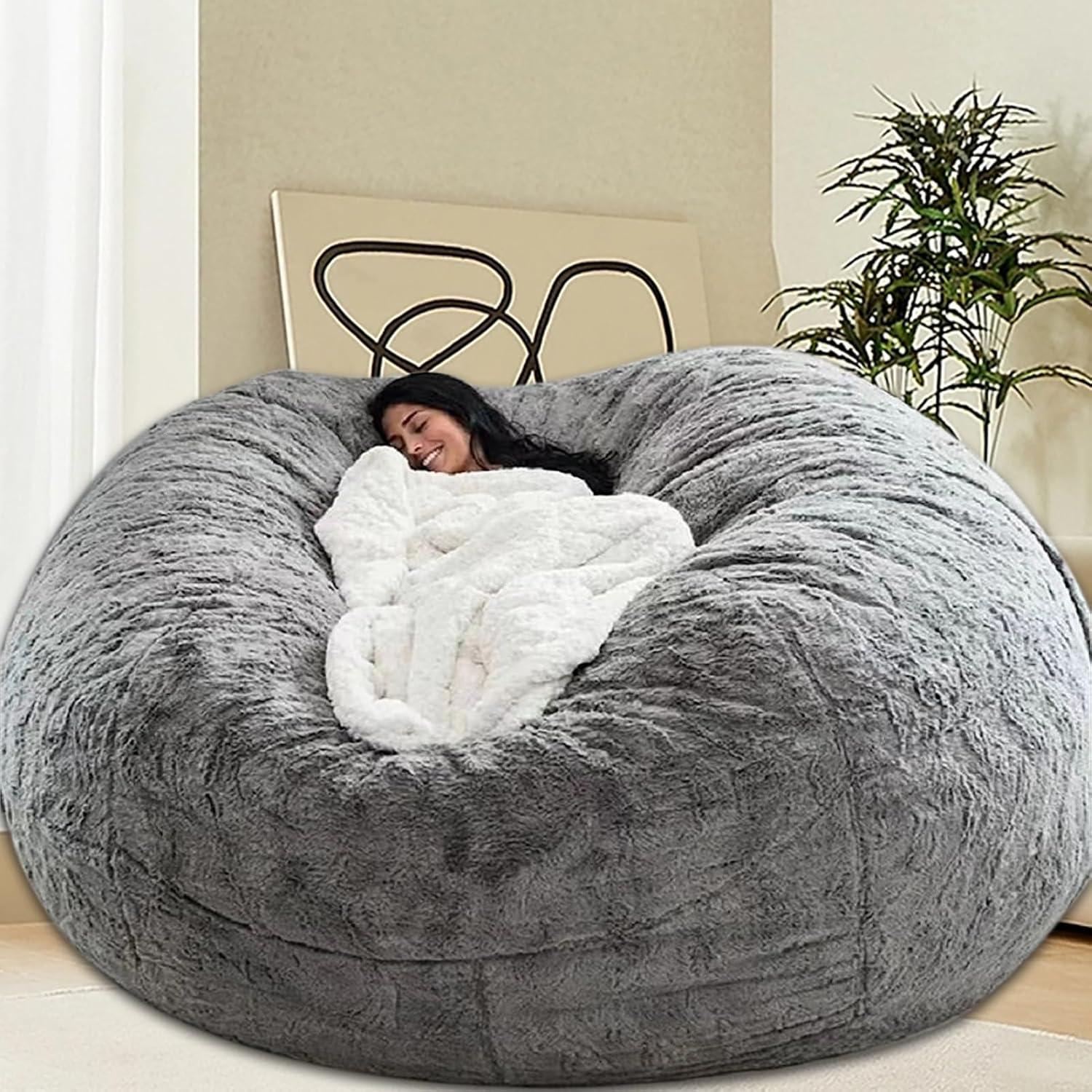 Giant Gray Velvet Round Bean Bag Chair Cover, 6FT