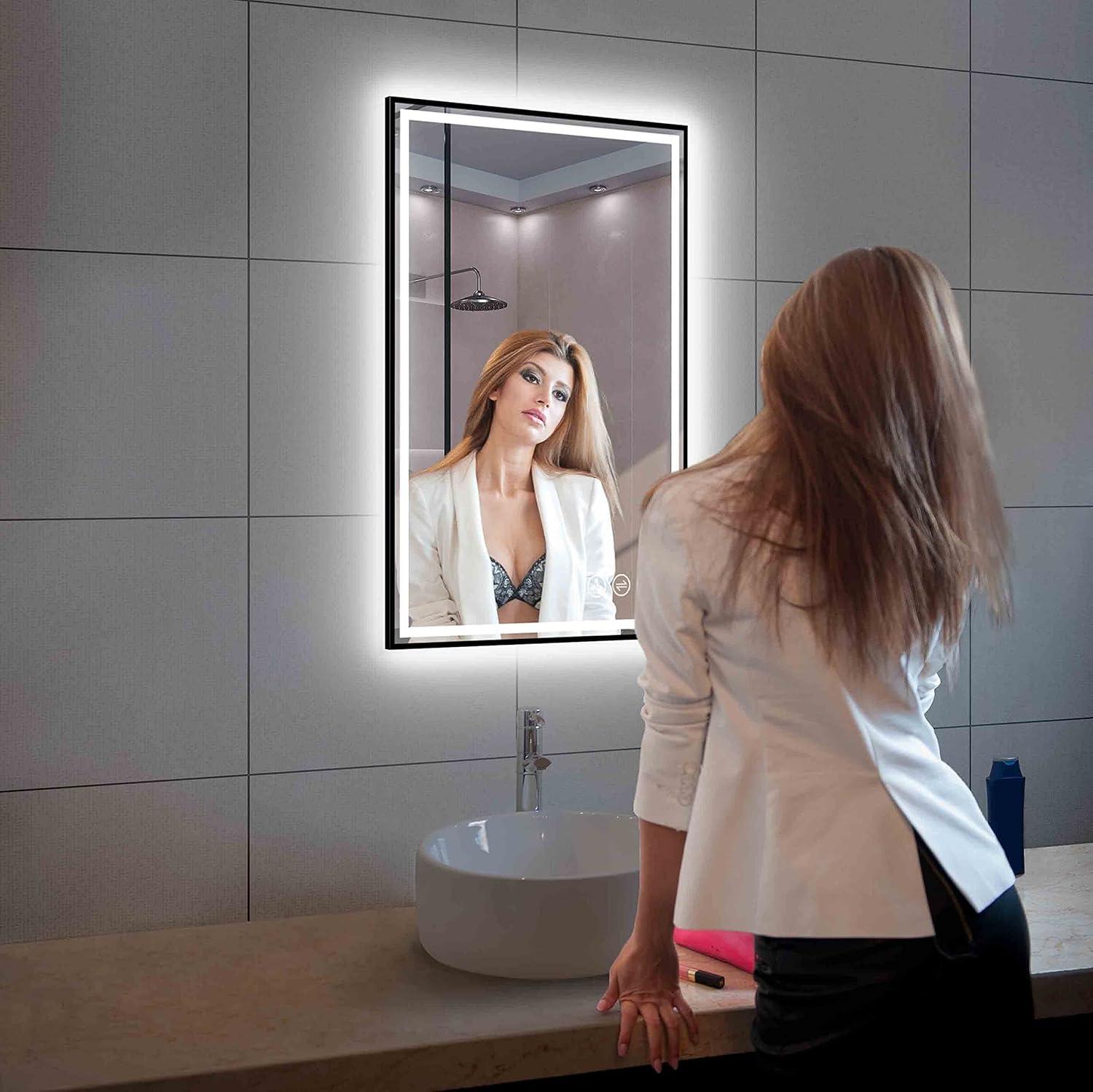 Elegant 24x36 Rectangular Vanity Mirror with Adjustable LED Lighting, Silver and Gold