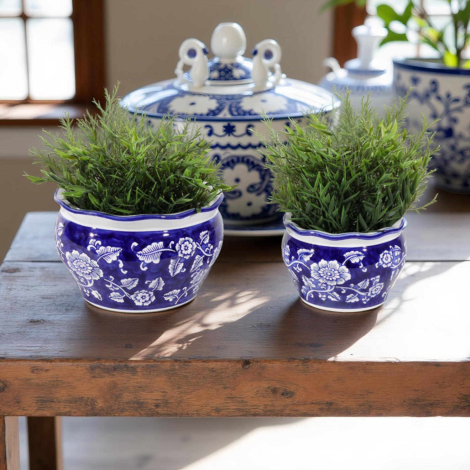 Sagebrook Home 2pc Chinoisere Ceramic Indoor Outdoor Planter Pots Blue/White: Hand-Painted, Rust-Resistant, No Assembly Required