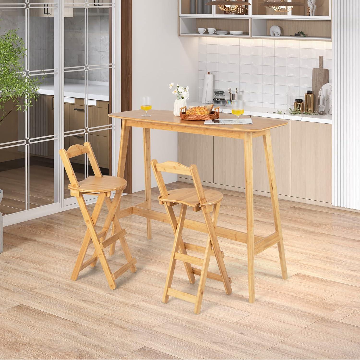 Costway Set of 2 Bamboo Folding Barstools Counter Height Dining Chairs Installation Free