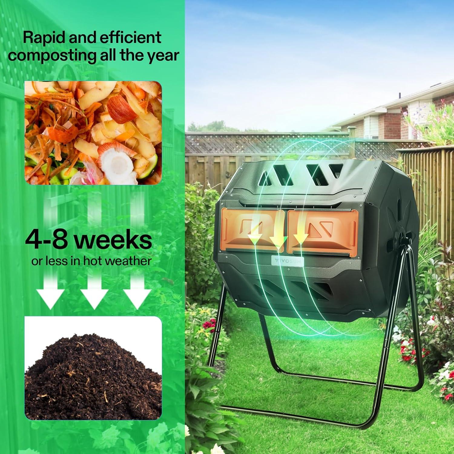 VIVOSUN Outdoor Tumbling Composter Dual Rotating Batch Compost Bin, 43 Gallon Orange Door