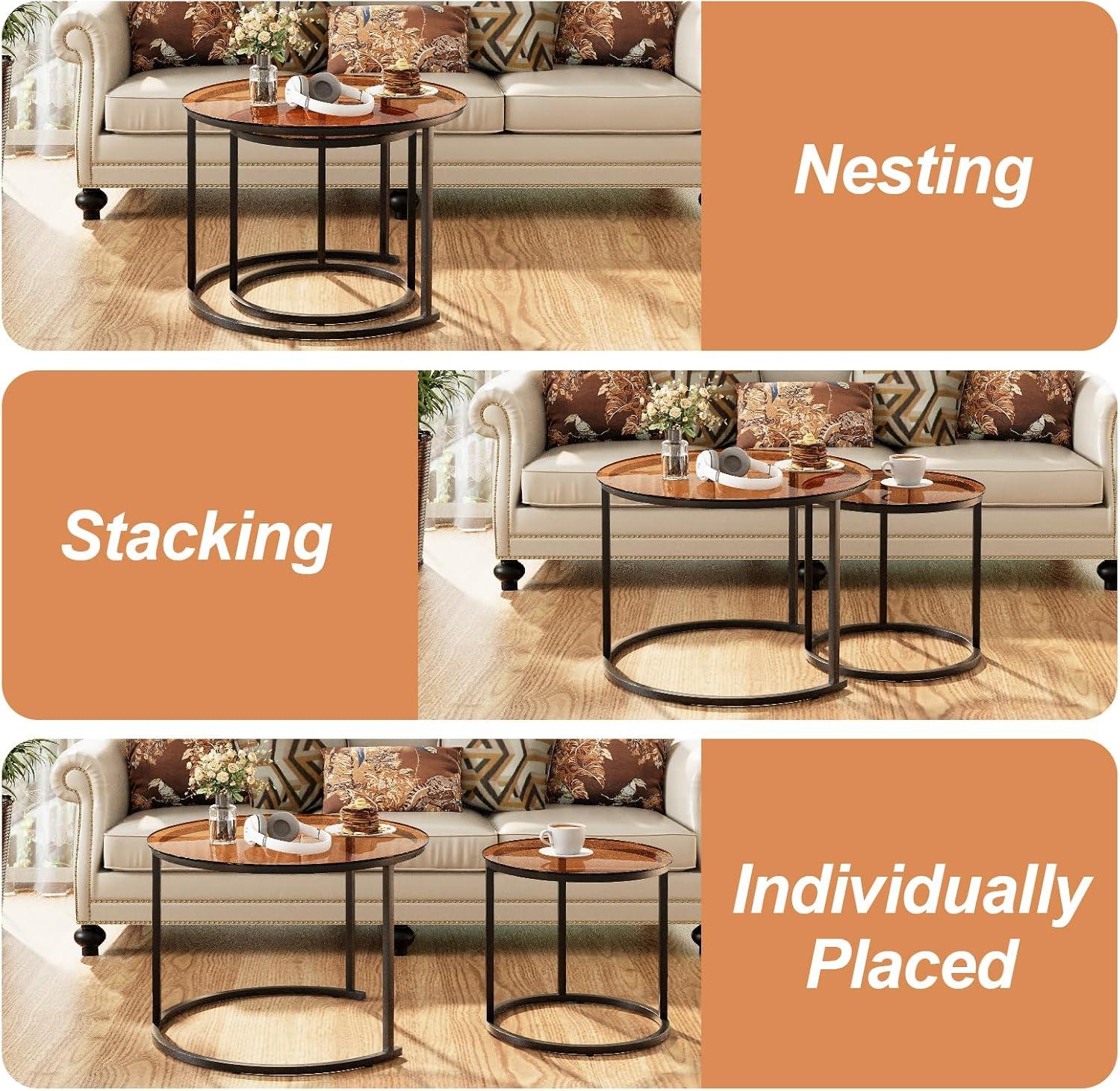 Round Wood Nesting Coffee Table Set with Metal Frame