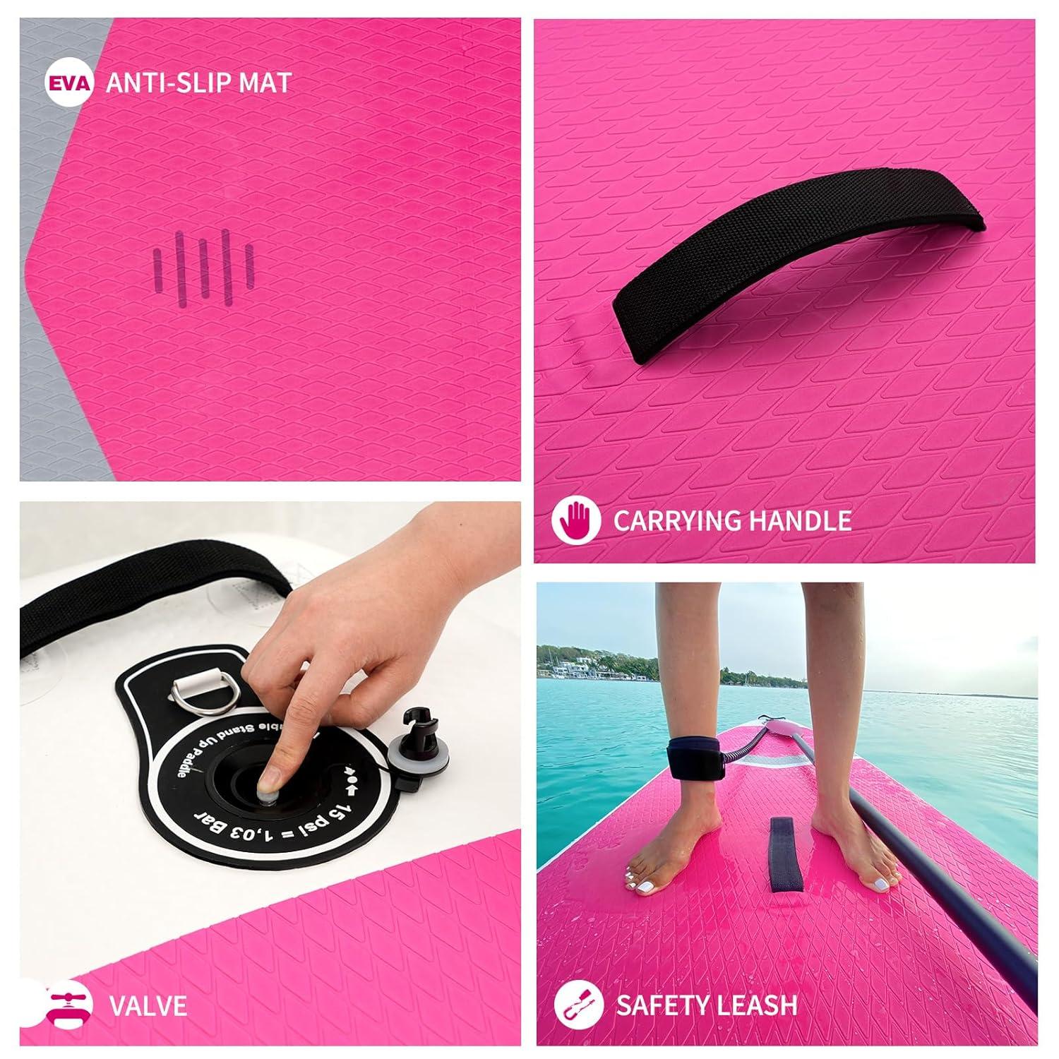 Inflatable Stand Up Paddle Board with Sup Board Accessories, Durable, Lightweight,Wide Stable Design,Wide Non-Slip Deck, Non-Slip Comfort Deck Pink Paddle Board for Women & Girls