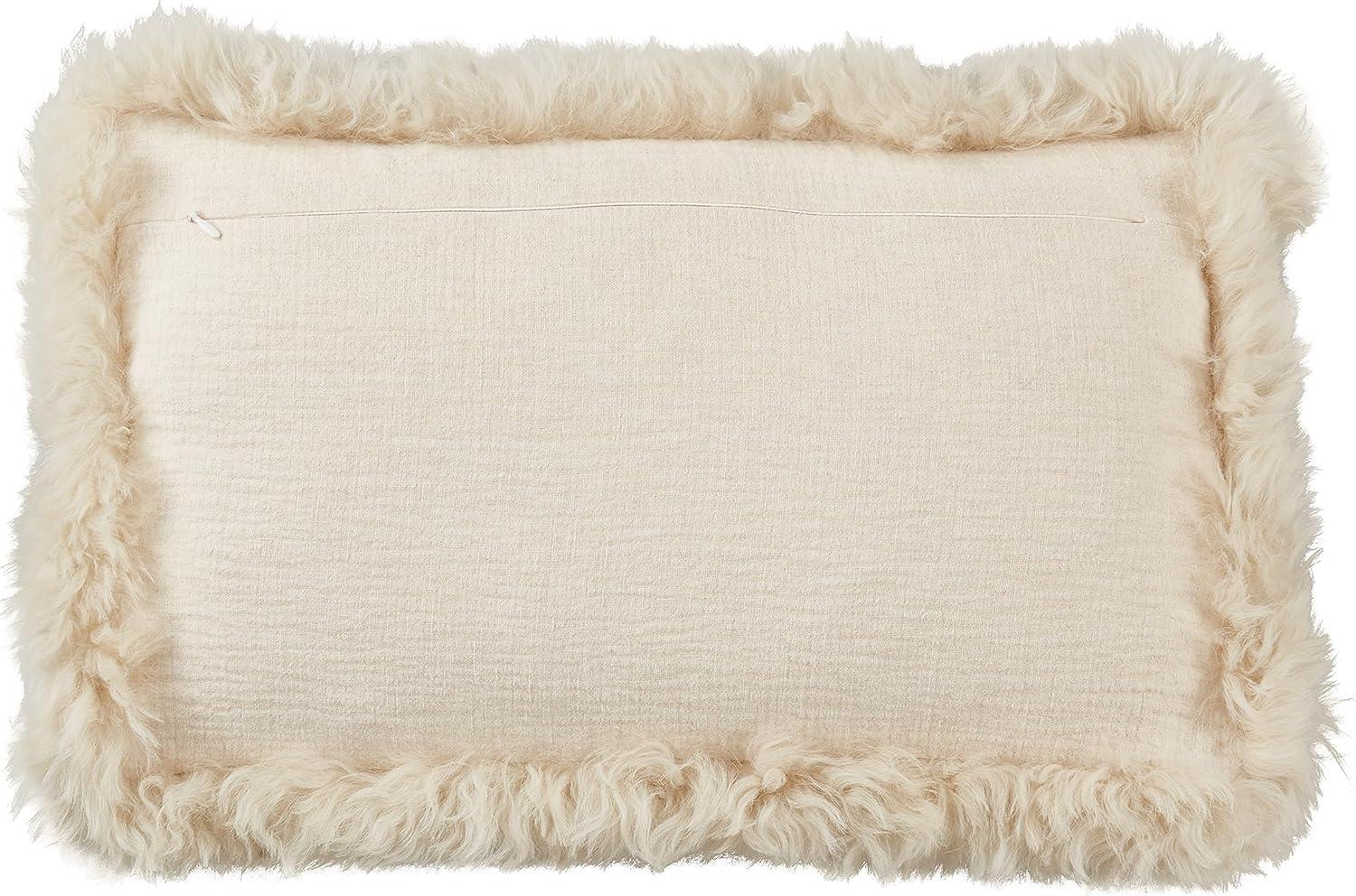 12"x20" Oversize Luxurious Linen Poly Filled with Plush Lamb Fur Border Lumbar Throw Pillow - Saro Lifestyle