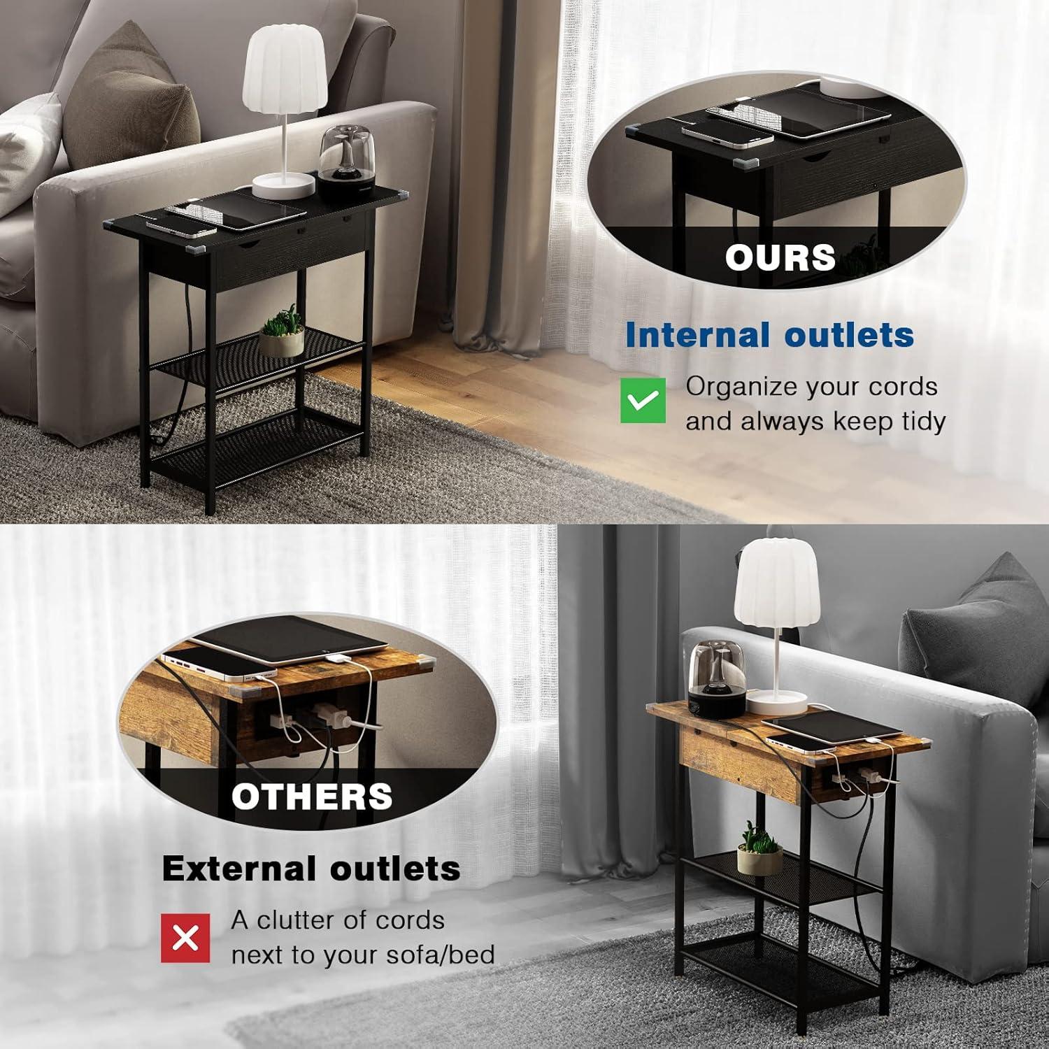 Slim Side Table With Wheels, USB Ports And Outlets, Rolling Narrow End Table With Charging Station And Bag, Flip Top Nightstand With Hidden Storage Shelves For Living Room Bedroom Small Spaces